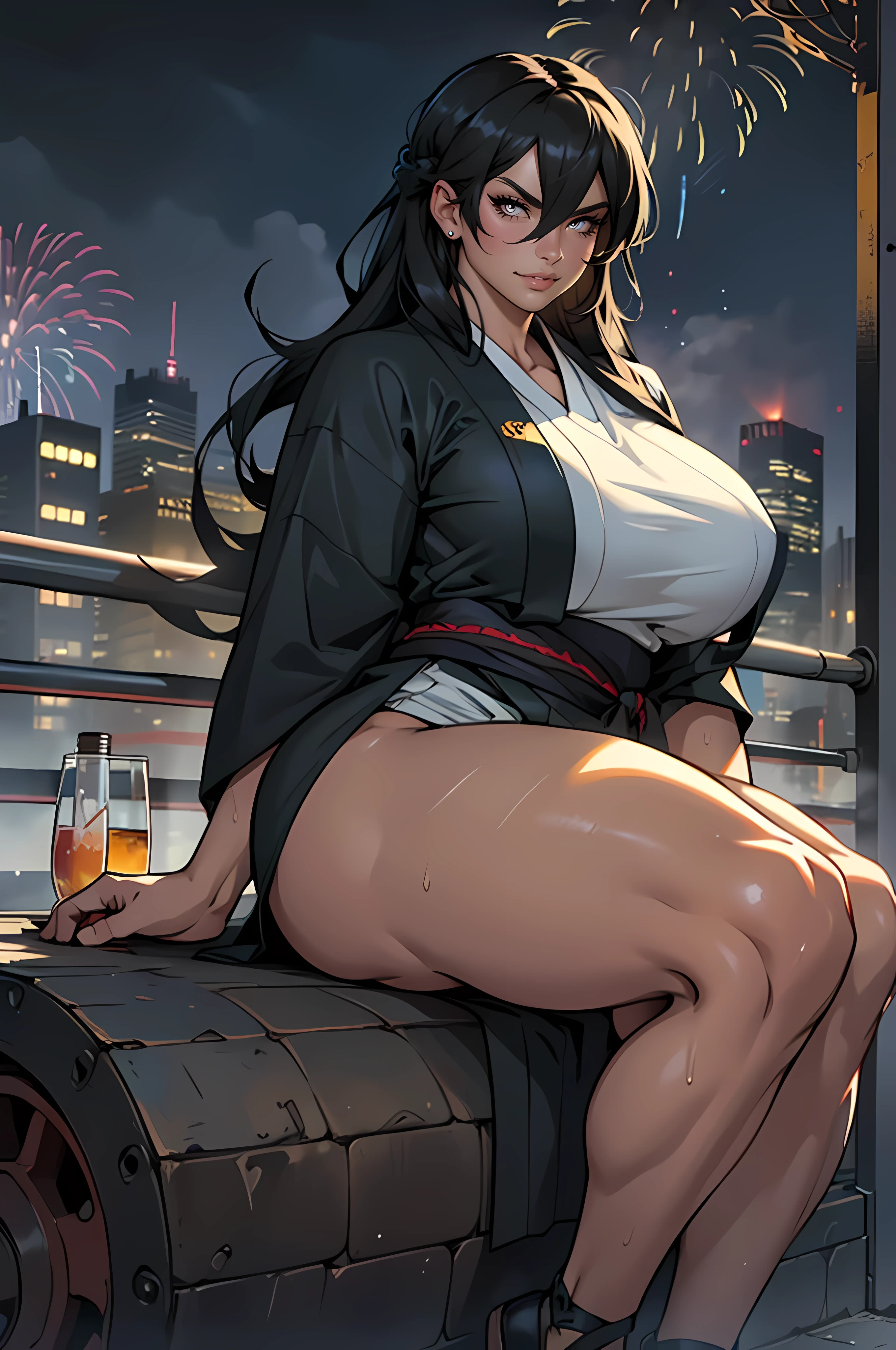 ((Masterpiece)), ((Best Quality)),(((((1 girl, muscular))))), ((thick thighs, huge breasts, very long hair)), black hair, yellow eyes, solo, sweaty, shiny skin, steamy, foggy, angry, sitting, kimono, fireworks, city overview, (dark atmosphere)