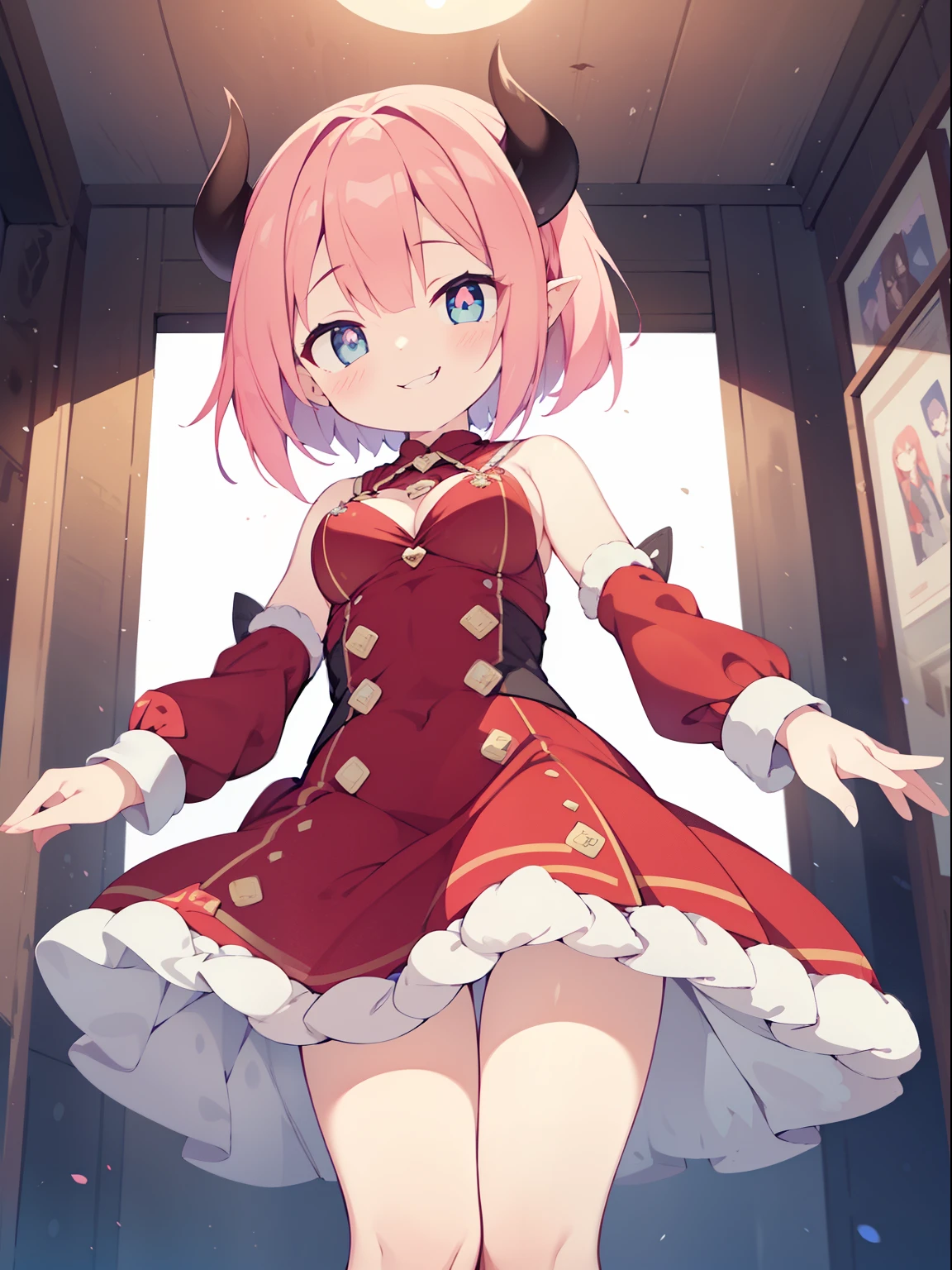 ( devil girl:1.2), (1 person:1.2),(10 yea、young girl、big breasts、 nffsw、shader、big breasts、highly detailed eyes、loose fluffy short hair、side boob、underboob、Glossy cleavage、pink hair、silky hair、knit dress(pink thin fabric、plain colors、mini skirt)、ultra-intricate pupil in eyes、highest quality、bright colors、Bust 100、rests、Standing picture of the game、Stirring composition、Composition looking up from below、Lift your with your hands、Pose that emphasizes the chest、fold your arms、grinning expression、eyes half closed、open your mouth、stinky eyes、evil face、Bullish smile、fold your hands behind your back、Hide your hands、evil smile、whole body、cute
