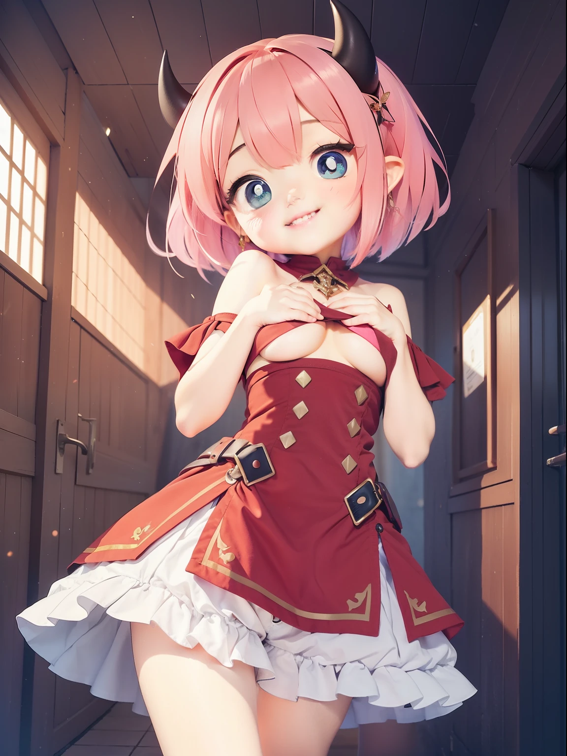(Little devil girl:1.2), (1 person:1.2),(10 year old girl)、young girl、big breasts、 nffsw、shader、big breasts、highly detailed eyes、loose fluffy short hair、side boob、underboob、Glossy cleavage、pink hair、silky hair、knit dress(pink thin fabric、plain colors、mini skirt)、ultra-intricate pupil in eyes、highest quality、bright colors、Bust 100、rests、Standing picture of the game、Stirring composition、Composition looking up from below、Lift your with your hands、Pose that emphasizes the chest、fold your arms、grinning expression、eyes half closed、open your mouth、stinky eyes、evil face、Bullish smile、fold your hands behind your back、Hide your hands、evil smile、whole body、cute