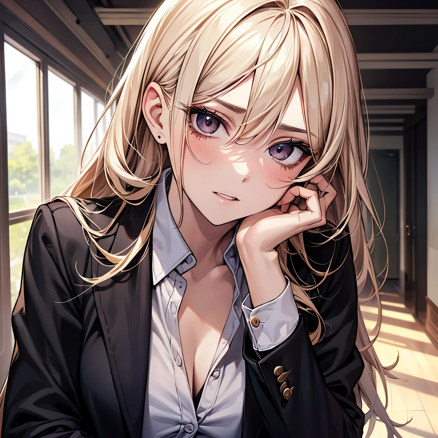 A pretty beautiful lady, black eyes and blonde hair, long hair, "White buttoned shirt", "Black blazer", "Stockings",, looking at you in seductively, looking at you in flirtly, looking at you in seductively,looking at you in flirtly,looking at you in seductively a human, modern era, daylight, the backround to school hallway, head portrait, face focus, tilting her face, head portrait, face focus,head portrait, face focus, head portrait, face focus, head portrait, face focus, tilting her face,tilting her face,tilting her face,tilting her face