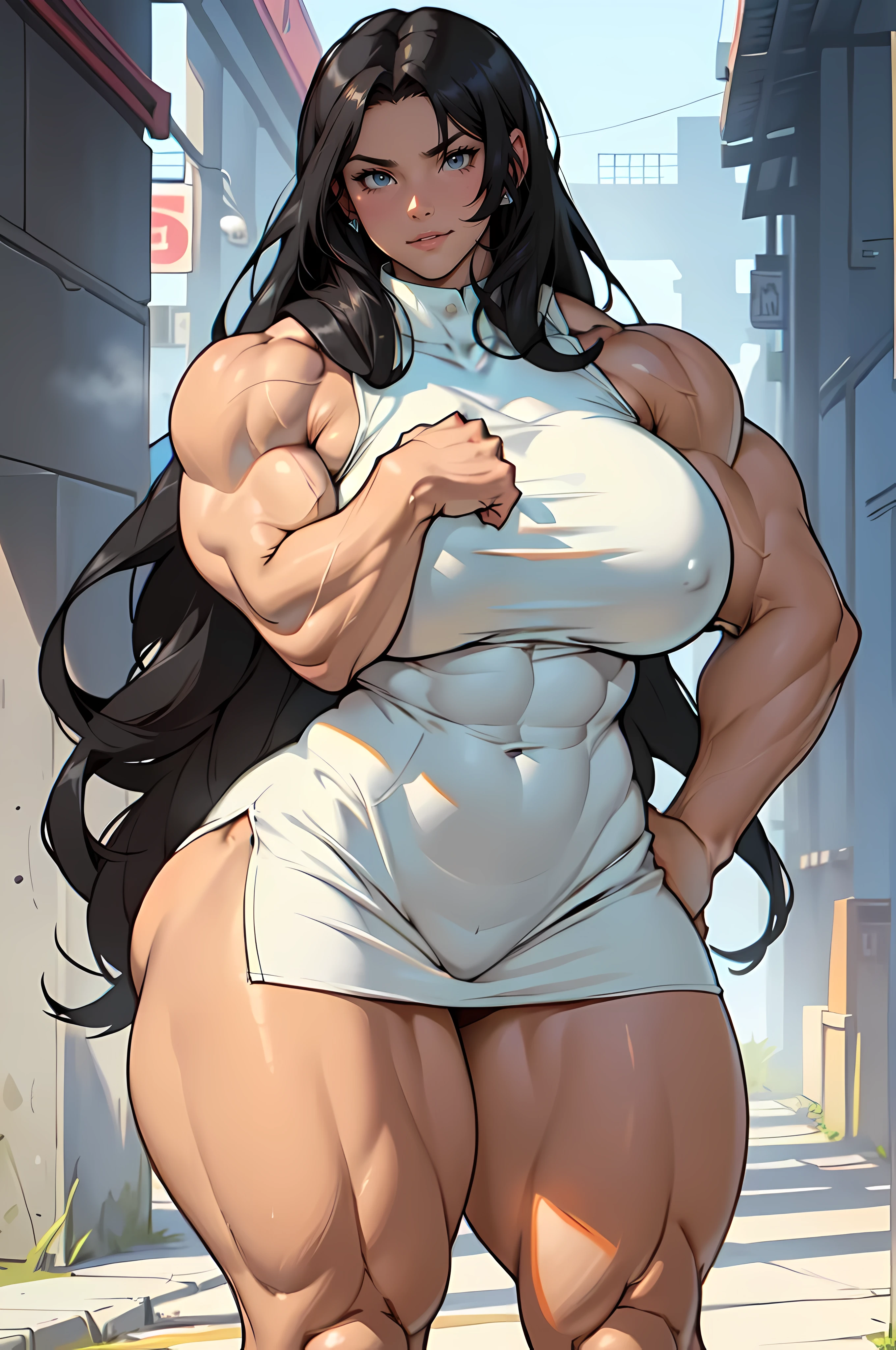 ((Masterpiece)), ((Best Quality)), ((Solo)), ((alone)), ((1girl)), ((NSFW)), (((accurate anatomy))), (((Huge breasts))), ((long legs)), ((wide hips)), ((((Muscular Legs)))), (((Massive Female Bodybuilder))), (((((Huge Muscles))))) pale skin black hair very long hair yellow eyes serious face blushing embarrassed thick thighs white sundress