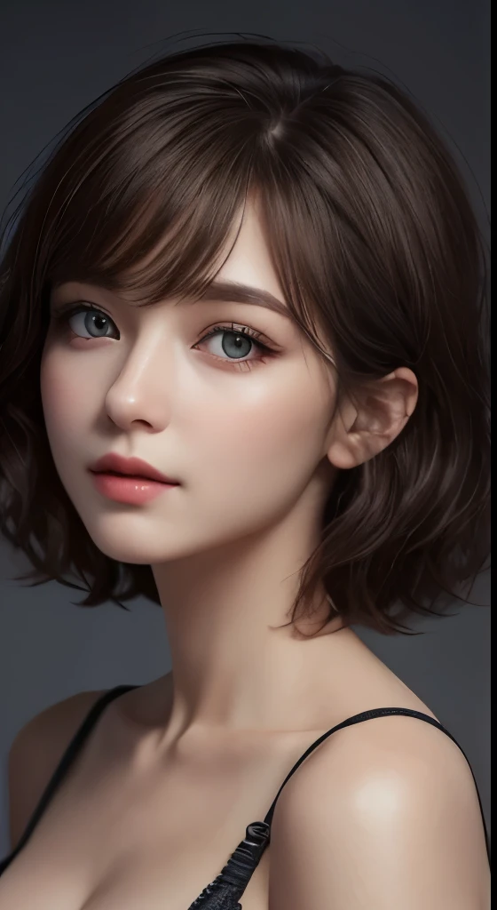 cinematic lighting、perfect、soft light、High resolution skin:1.2、realistic skin texture、30 years old mature woman、small face、no makeup、Bust B Cup、、Detailed beautiful brown eyes、short hair、dark brown hair、Cool beauty、gray background