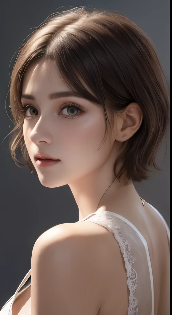 cinematic lighting、perfect、soft light、High resolution skin:1.2、realistic skin texture、30 years old mature woman、small face、no makeup、Bust B Cup、、Detailed beautiful brown eyes、short hair、dark brown hair、Cool beauty、gray background