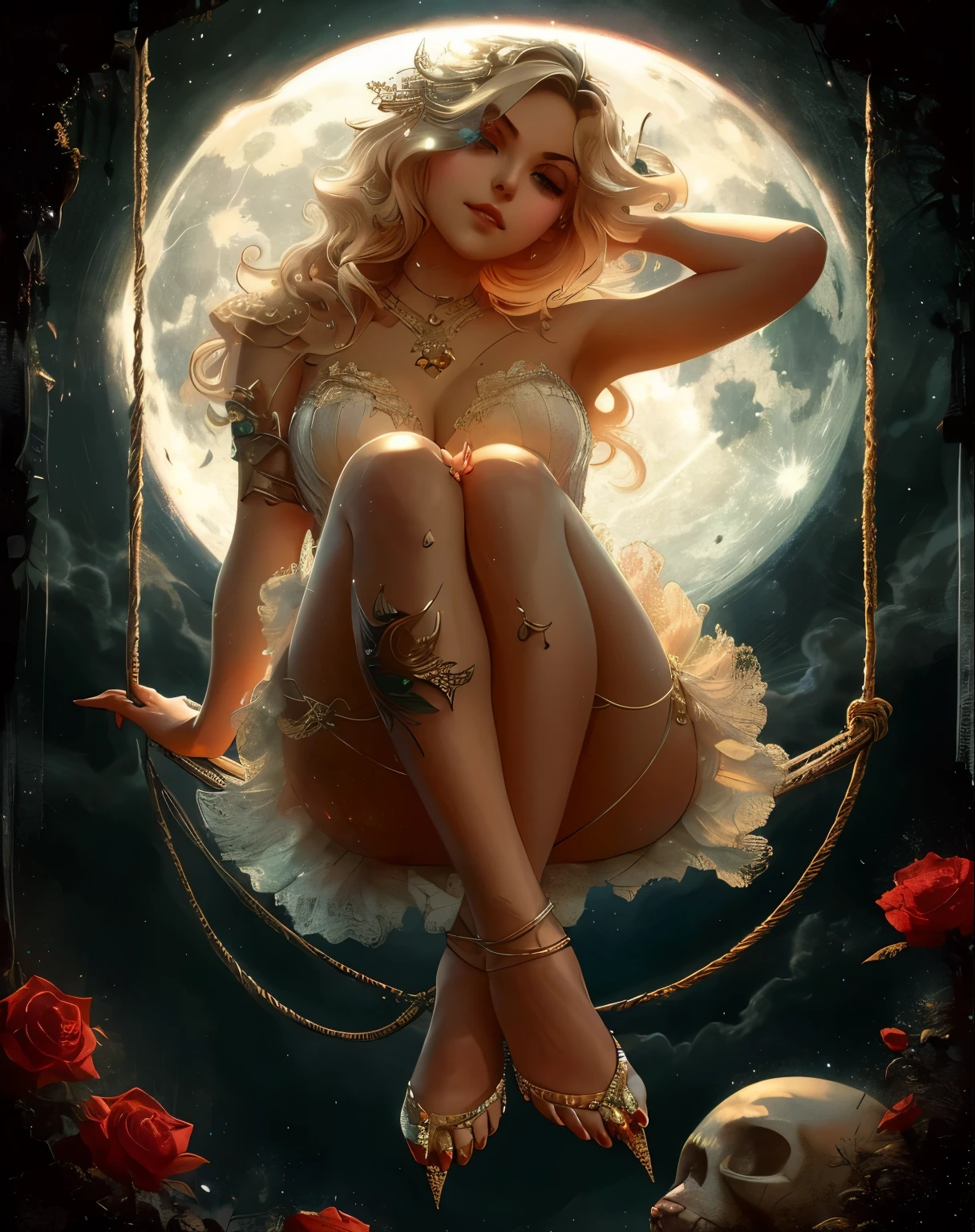 Mujer arafed sentada en un columpio con la luna llena al fondo., neoartcore y charlie bowater, estilo de charlie bowater, estilo de karol bak, karol bak uhd, karol bak y peter mohrbacher, charlie bowater art style, Arte de Wlop, hermosa obra de arte digital, loish y wlop