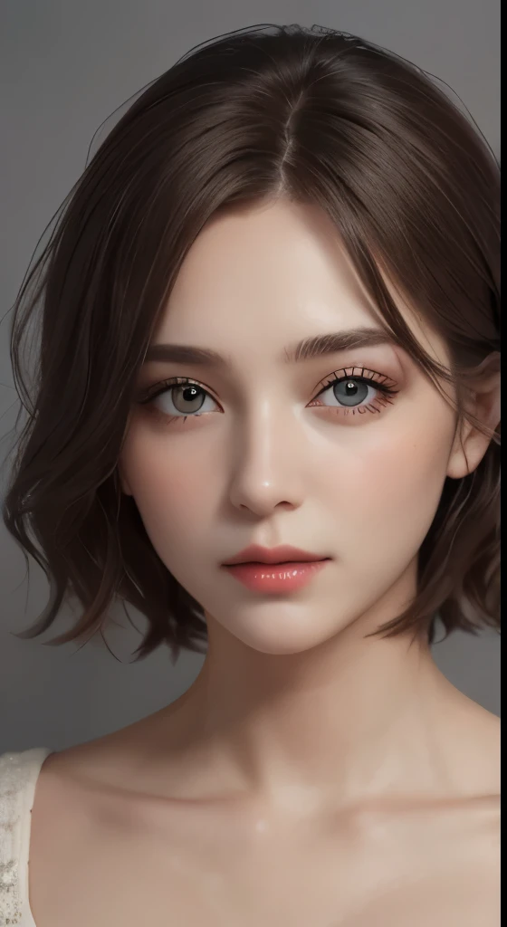 cinematic lighting、perfect、soft light、High resolution skin:1.2、realistic skin texture、30 years old mature woman、small face、no makeup、Bust B Cup、、Detailed beautiful brown eyes、short hair、dark brown hair、Cool beauty、gray background