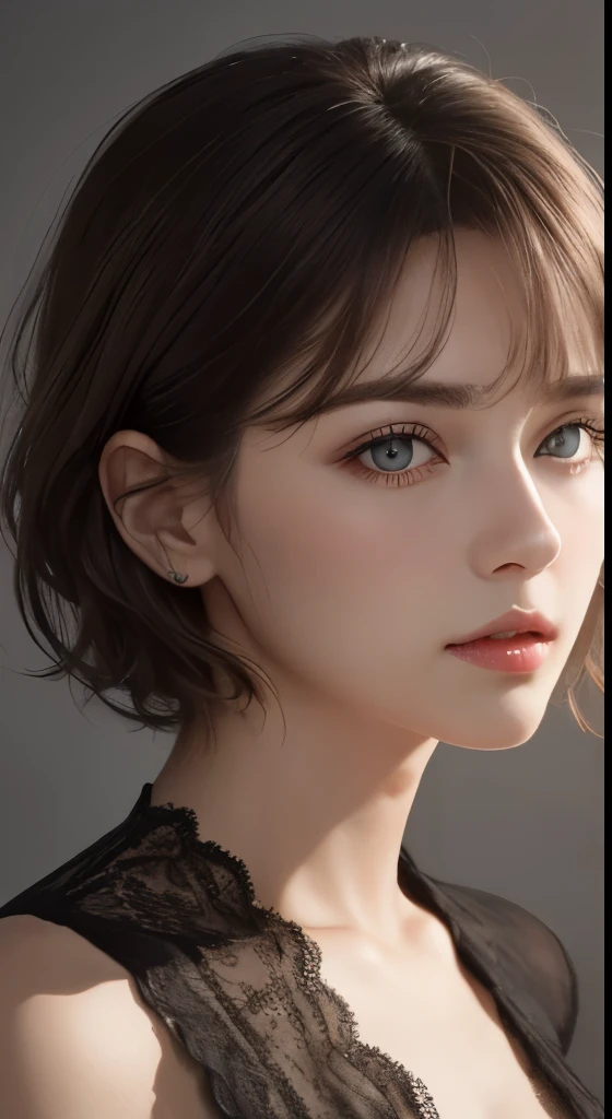 masterpiece, Highest quality, {Highest quality}, {{masterpiece}}, {High resolution}, 8K uhd、RAWphotograph、モデルphotograph撮影、 European race、(masterpiece、Highest quality、Photorealistic、High resolution、photograph:1.3)、Close-up、Focusing、Hot Model、slim、30 year old mature woman、Small face、No makeup、short hair、Dark Hair、Thin beautiful eyes、Real Skin、(perfect body)、Detailed beautiful eyes、Glossy lips、Small breasts、Small breasts、Bust B cup、Realistic details、Cool beauty、Sexy pose、Background gray、Plain gray background