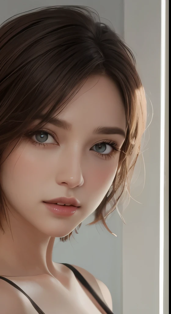 cinematic lighting、perfect、soft light、High resolution skin:1.2、realistic skin texture、30 years old mature woman、small face、no makeup、Bust B Cup、、Detailed beautiful brown eyes、short hair、dark brown hair、Cool beauty、gray background
