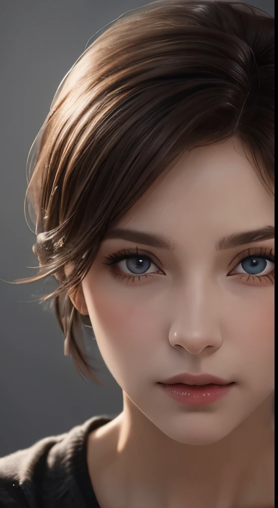 cinematic lighting、perfect、soft light、High resolution skin:1.2、realistic skin texture、30 years old mature woman、small face、no makeup、Bust B Cup、、Detailed beautiful brown eyes、short hair、dark brown hair、Cool beauty、gray background