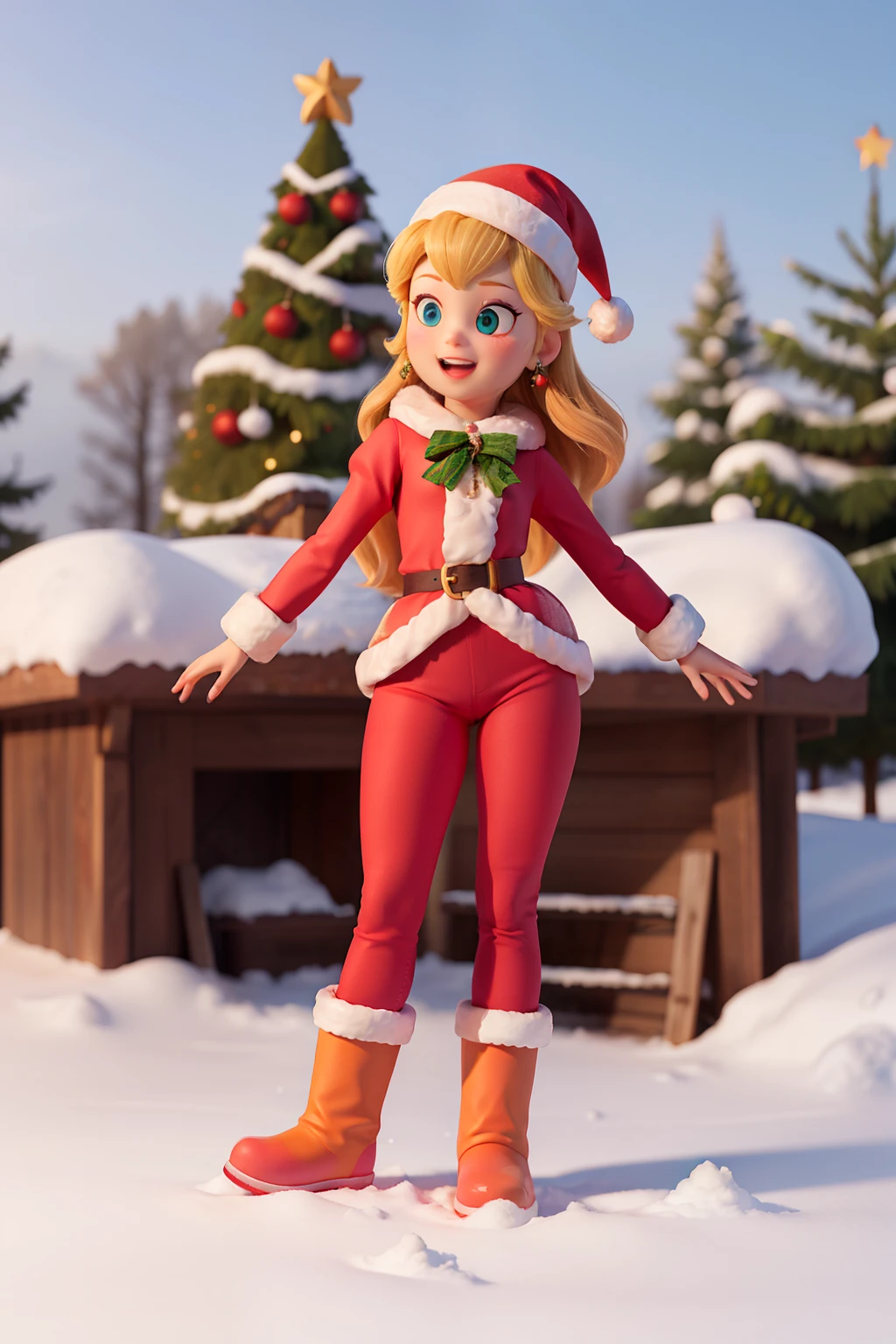 Peach princess,wearing tight pants, wearing snow boots, in the snow, christmas,