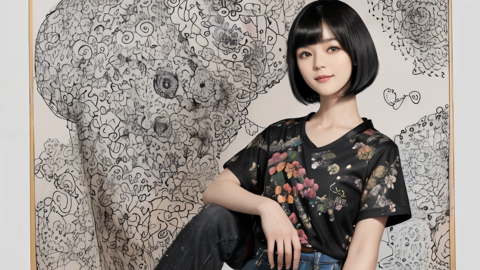 153
(Black Shorthair:1.46), (a 20 yo woman), (A hyper-realistic), (Masterpiece), (8KUHD), (gentle smile), Slender waist, Wearing jeans, ((Floral Clothing - T-Shirts)), Wearing long pants, abstract painting, (doodle:1.46), (brest:1.1), (口紅)