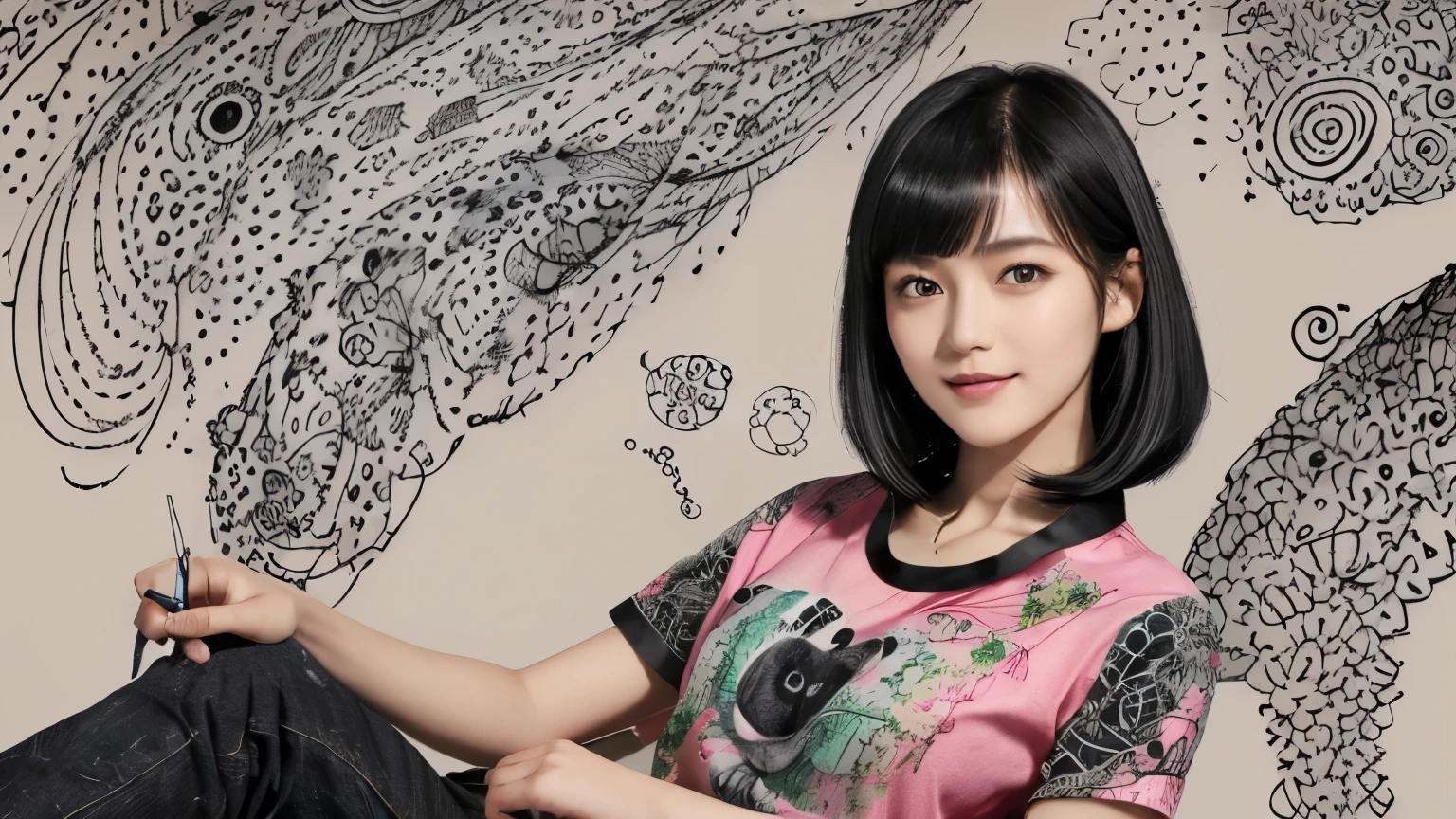 153
(Black Shorthair:1.46), (a 20 yo woman), (A hyper-realistic), (Masterpiece), (8KUHD), (gentle smile), Slender waist, Wearing jeans, ((Floral Clothing - T-Shirts)), Wearing long pants, abstract painting, (doodle:1.46), (brest:1.1), (口紅)
