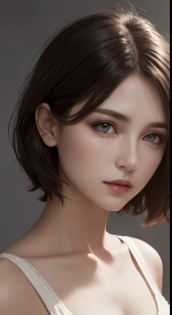 cinematic lighting、perfect、soft light、High resolution skin:1.2、realistic skin texture、30 years old mature woman、small face、no makeup、Bust B Cup、、beautiful small brown eyes、short hair、dark brown hair、Cool beauty、gray background