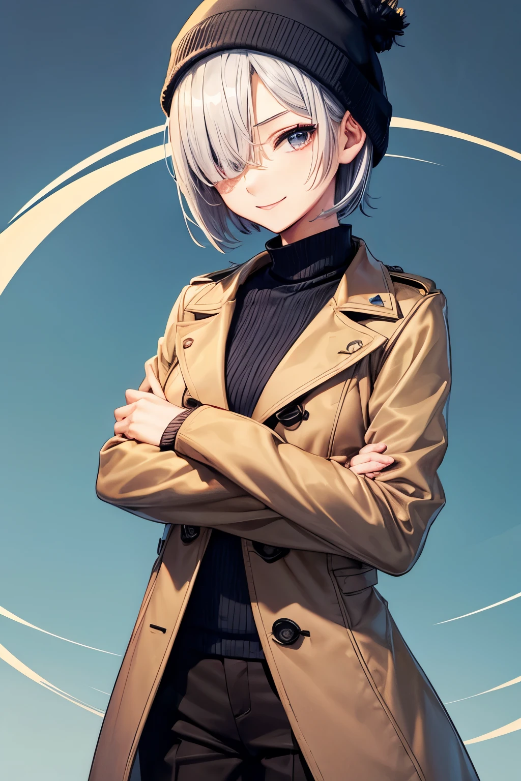A 18 years old Japanese lady(( small breast, slender)),(( folded her arms on her breast )), cyan very short hair(( hair over one eye completely:1.4))(( much shaggy forelock)), dress shirt((dark blue)), chesterfield coat((beige coat, )), dress pants ((black)),blue beanie and muffler, form below view , shiny orange big round droopy eyes, looks almost sexual climax, looks very happy and naughty, best quality