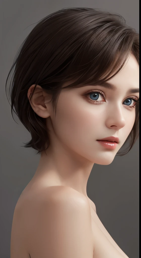 cinematic lighting、perfect、soft light、High resolution skin:1.2、realistic skin texture、30 years old mature woman、small face、no makeup、Bust B Cup、、beautiful small brown eyes、short hair、dark brown hair、Cool beauty、gray background