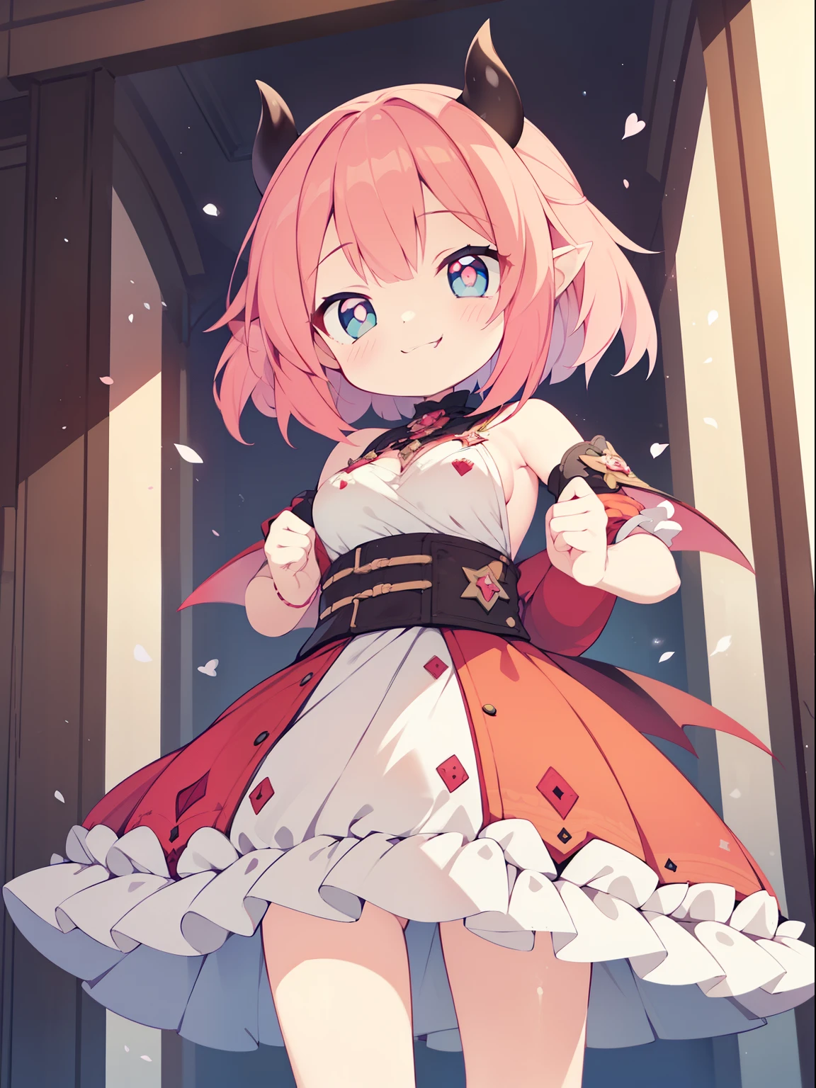 (Little devil girl:1.2), (1 person:1.2),(10 year old girl)、young girl、big breasts、 nffsw、shader、big breasts、highly detailed eyes、loose fluffy short hair、big breasts、side boob、underboob、Glossy cleavage、pink hair、silky hair、knit dress(pink thin fabric、plain colors、mini skirt)、ultra-intricate pupil in eyes、highest quality、bright colors、Bust 100、rests、Standing picture of the game、Stirring composition、Composition looking up from below、Lift your with your hands、Pose that emphasizes the chest、fold your arms、grinning expression、eyes half closed、open your mouth、stinky eyes、evil face、Bullish smile、fold your hands behind your back、Hide your hands、evil smile、whole body、cute
