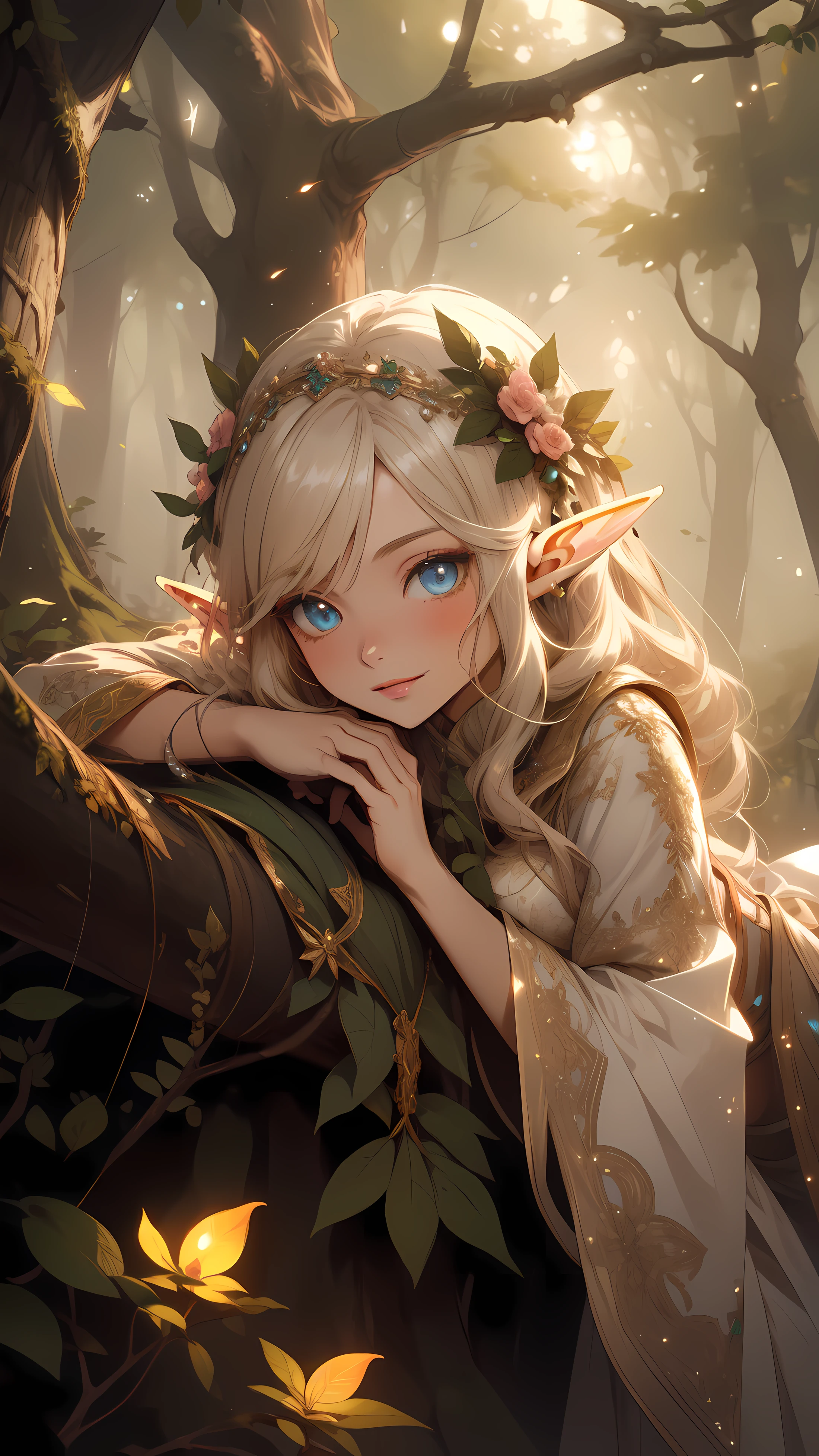 ((masterpiece)), (top quality), (best quality), ((ultra-detailed, 8k quality)), Cinematic lighting, Volumetric lighting, (detailed line art), absurdres, (best composition), (high-resolution), Aesthetics,
BREAK,
Elf girl ((Lying on a tree:1.3)),dressed in white robes, Velvet, Mecha, lace, brocade, pearls, intricate elven attire,  (adult:1.2), Fantasy,  (glowing flowers:1.2), (firefly glow:1.25), (bioluminescent trees), (mystical forest), (focused depth of field:1.2), (enchanting forest:1.15), [cinematic dramatic atmosphere],[atmospheric perspective], Niji style,
BREAK,
highly detailed of ((elf:1.4)), (1girl), solo, perfect face, details eye, hair Bun, (hime cut, bangs:1.2), (white shining hair:1.2), blue eyes, shining eyes, (beautiful detailed eyelashes, eyeshadow, pink eyeshadow),  smiling, Concept art by Mikimoto Haruhiko, by Kawacy, By Yoshitaka Amano,
BREAK, 
((perfect ???????)), perfect body, Abs, (medium breast), perfect hands, perfect face, beautiful face, beautiful eyes, perfect eyes, (perfect fingers, deatailed fingers), correct ???????, perfect legs, 