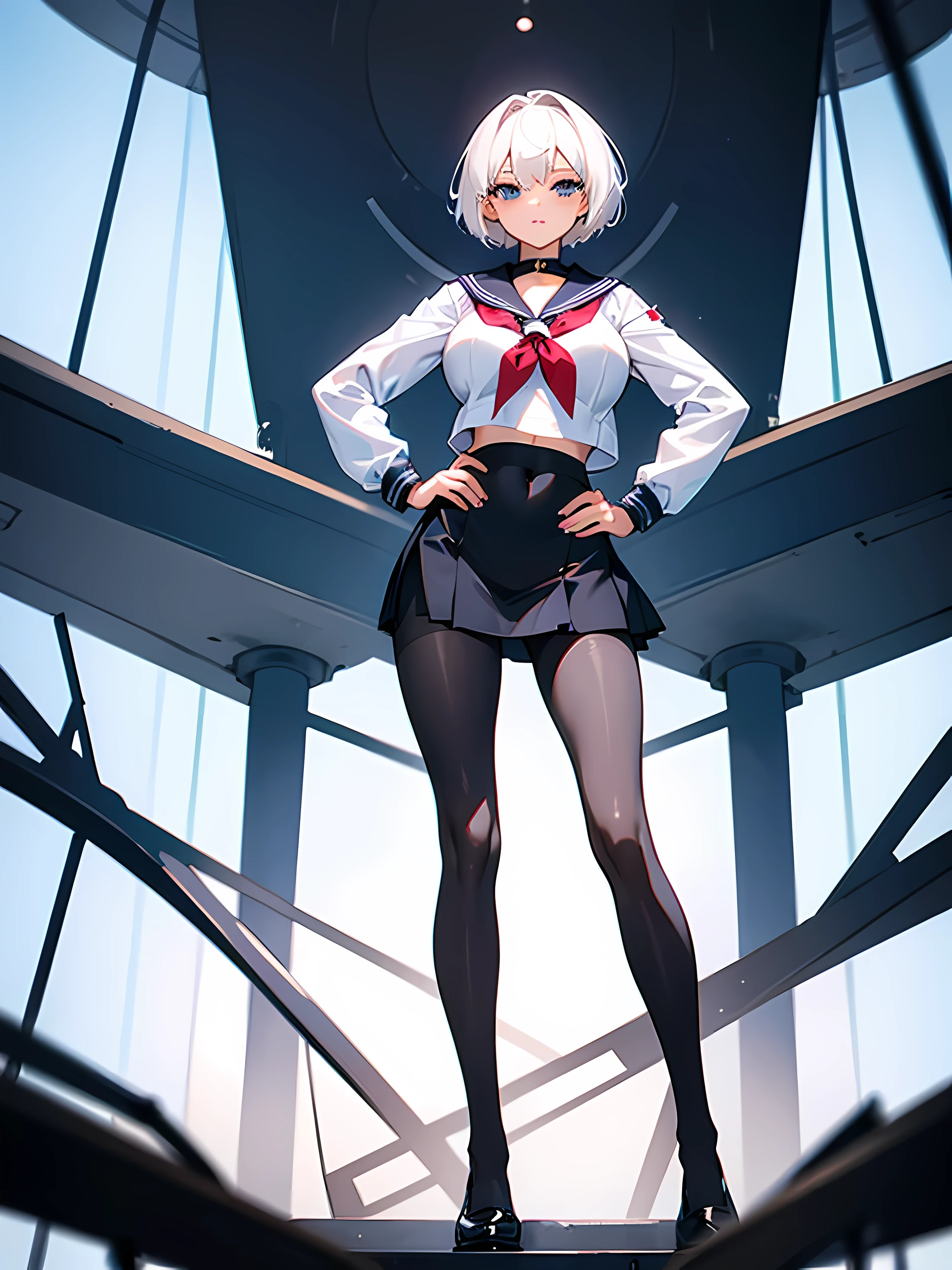 1 sexy female, sailor uniform, black pantyhose, big breasts, short white hair, standing with legs apart, hands on the hips, view from below