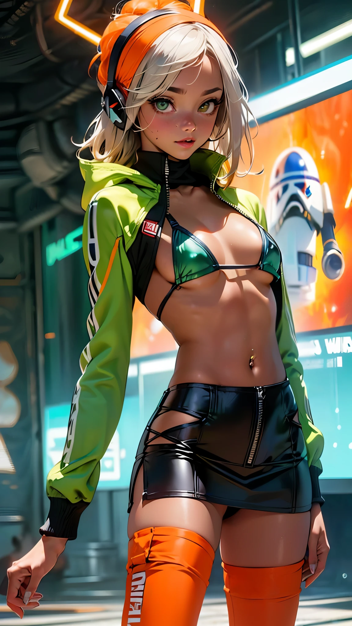 (calidad)), ((obra maestra)),Ariana Grande vestida con chaqueta verde ciborg,dance balet ,(chaqueta student neon verde:1.4), (whater bikini bodysuit:1.4), (miniskirt transparente verde colegiala ciborg:1.4),fondo pared de hielo congelado caverna, cabello largo white canoso, El mejor, obra maestra, high resolution, El mejor Quality, Ultra High Definition, super details, Obras premiadas, 16k,,(Ojos hermosos azules), (pose vaquero) ,(chaqueta transparente verde ciberpunk:1.4), (fondo ciudad de Jupiter star wars:1.4), (chaqueta orange+rojo ciborg:1.4), cabello largo rojo, (perfect anatomy ), (tiene un parche en el ojo de pirata:1.4) ,(cyber cyborg orange red chaqueta) , (mostrando vientre plano), (has transparent plastic clothing:1.4) ,(mostrando panties encaje) ,(Piel negra Africana:1.4) ,( ciberpunk 2.1), (cabello largo yellow neon:1.4), (yellow cyberpunk Bluetooth headphones on the head:1.4),