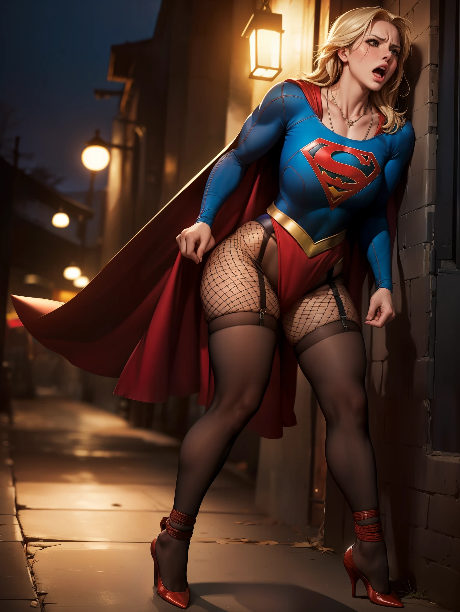 (((SUPERHEROINE SUPERGIRL IS A FILTHY WHORE, standing, IN THE DIRTY ALLEY, at night))), (SUPERGIRL USANDO BOTAS STILETTOS HIGH HEELS,lace pantyhose), (((SUPERGIRL tem cabelo loiro))), ((ela tem cabelo longo)), (obra-prima, melhor qualidade) 1.5, 1girl, sozinho, cabelo loiro (sexy, mulher bonita, rosto perfeito, olhos perfeitos, cabelo loiro), corpo inteiro, ((SUPERGIRL IS A WHORE, A PISSED BITCH, A FILTH COW, tears streaming down her face)), ((Shibari)), ((rope bondage)), ((arms behind back)), ((Totalmente amarrado)), ((Fortemente contido com cordas)), ((Powergirl horror expression, olhos arregalados, boca aberta)), gritando de pavor, chorando, lagrimas escorrendo pelo rosto, olhos apavorados. (((Full body view))), Ela tem olhos arregalados de loucura. She is screaming in terror, She is terrified, She is crying a lot. ((ela tem cabelo preto, ela tem cabelo longo)), ((She is wearing a fishnet garter belt)), ((Wearing a thick metal necklace around your neck )) She screams and begs for mercy, Ela cai no choro. Wearing a thick metal necklace around your neck with a chain. Usando maquiagem pesada no rosto. (Your clothes are immoral, your clothes are indecent). Shibari, arms behind back:1.4), (hands on back), (work-πrhyme, melhor qualidade) 1.5, 1girl, sozinho, (sexy, mulher bonita, rosto perfeito, olhos perfeitos) corpo inteiro, (Shibari, arms behind back:1.4), (hands on back), ((cabelos loiros)). ((High Definition Face)). ((back view), ela esta de costas, view of your ass.