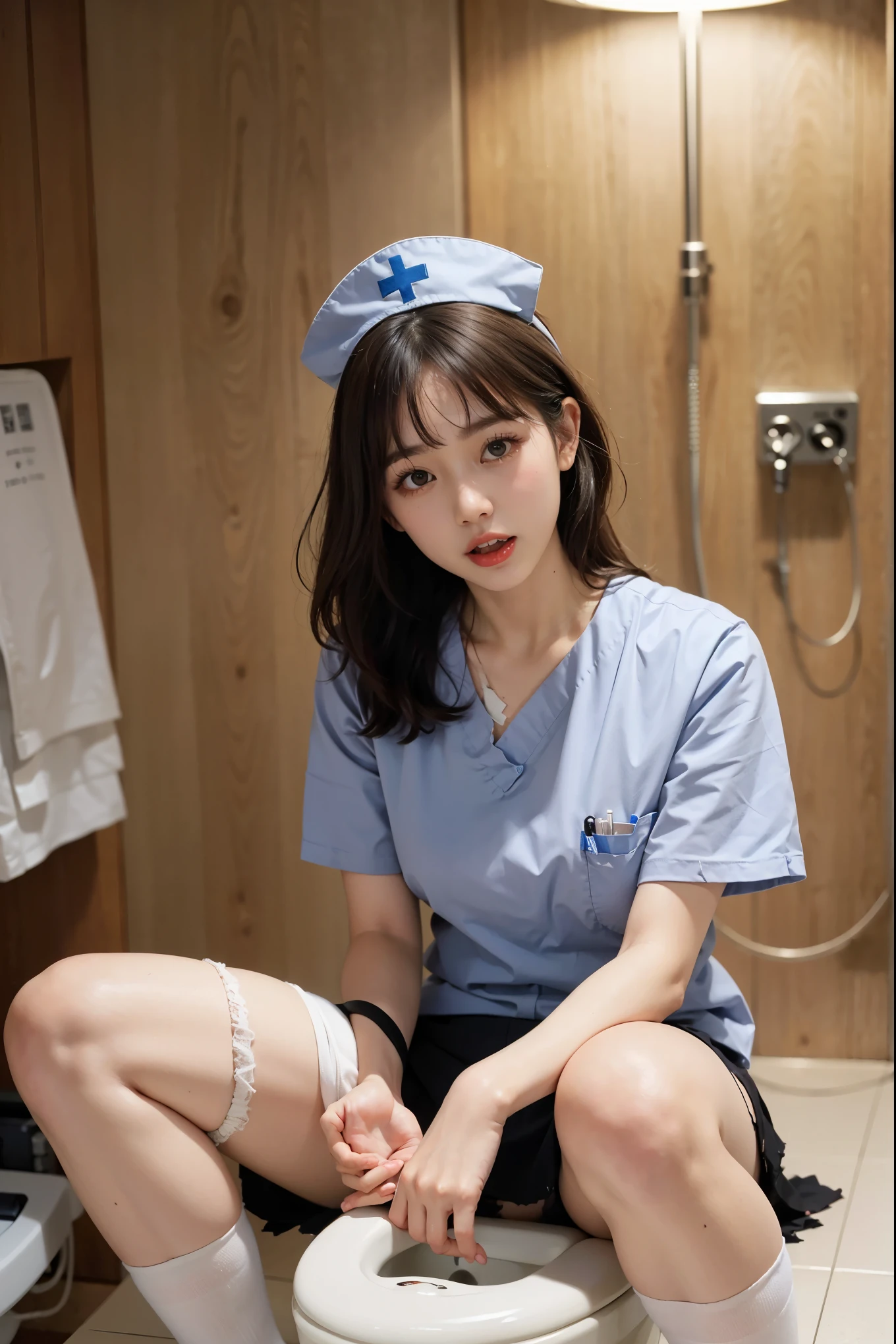 Only  young man々new nurse、NSFW、((Big eyes that shine like jewels))、Glossy and glossy skin、(medium hair:1.2)、no makeup、short hair、Beautifully arranged bangs、hair between eyes、((masterpiece、最high quality、super detailed、film light、intricate details、High resolution、very detailed))、detailed background、8KUHD、Digital single-lens reflex camera、soft light、high quality、film grain、Fujifilm XT3 、shallow depth of field、natural soft light、Kamimei、Super detailed、最high quality、masterpiece、knee socks、Majimix Real、(RAW photo:1.2)、(Photoreal:1.4)、Beauty in the beautiful details、and delicate expression、In a private toilet in a Japanese hospital、(Nurse uniform torn、I can see your nipples:1.5)、necklace with large name plate、nurse cap、((you can see me))(squat)、eyelash、sparkling eyes、glossy lips、beautiful and detailed eyes、((japanese nurse))、very detailed expression、very detailed顔、movie lighting、positive、((dynamic pose))、((open stance))、(The front of the nurse&#39;s skirt was torn、I can see your pussy:1.8), Nurse Mini Skirt、 (Accurately represents the shape of the female genitals:1.5), (Detailed depiction of the labia minora, vaginal opening, Detailed depiction of the clitoris:1.5), (Raise your knees and open your legs wide:1.8), (sit on the toilet:1.8)、(Open your pussy and show it to me:1.8)、thin legs、(Open your mouth wide and see your tongue:1.5)、I feel the climax of ecstasy、Cries of Anguished、(Limb restraint:1.6)