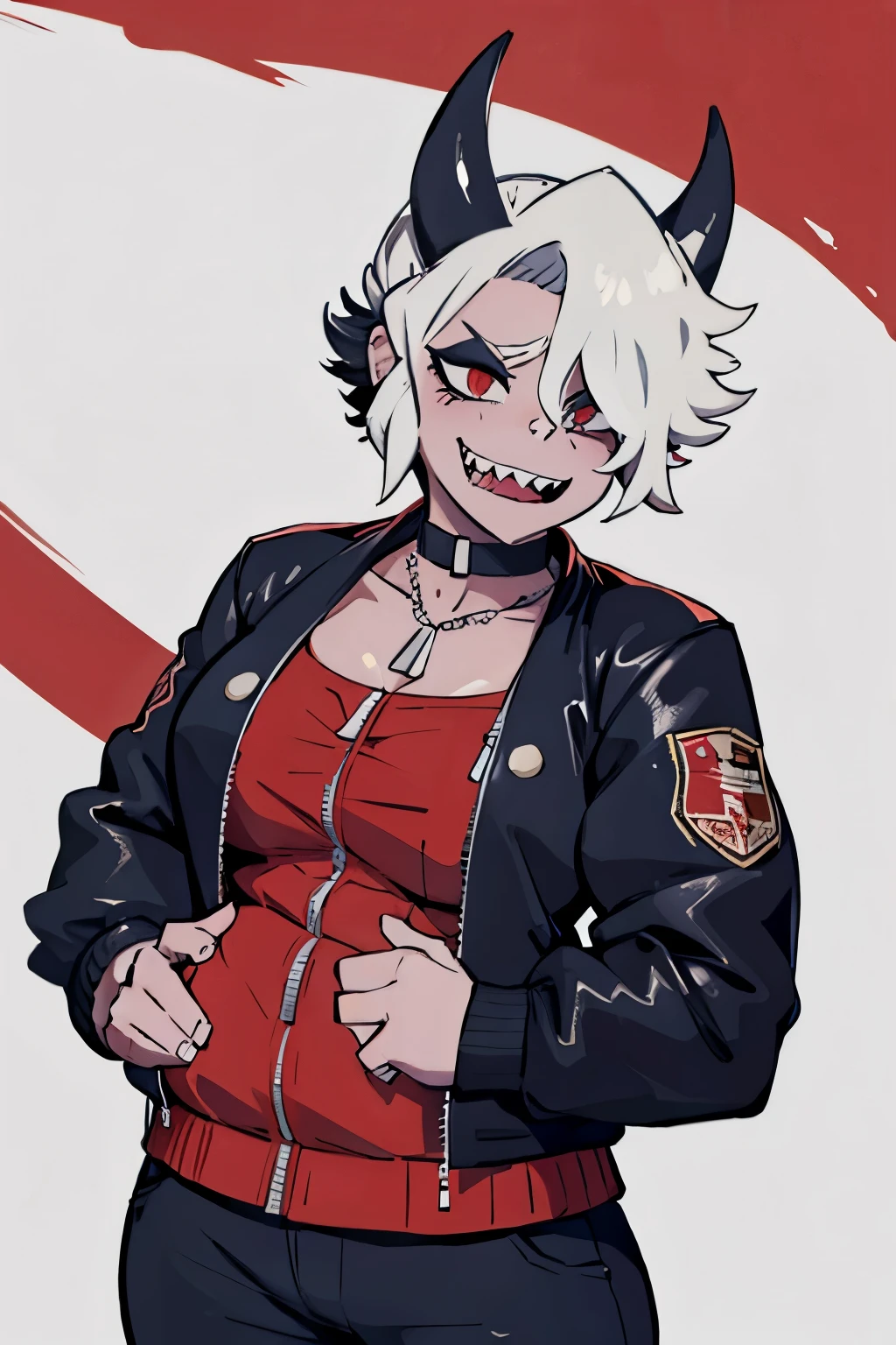 1 girl, sharp teeth, horns, choker, ((chubby)), bomber jacket, black pants