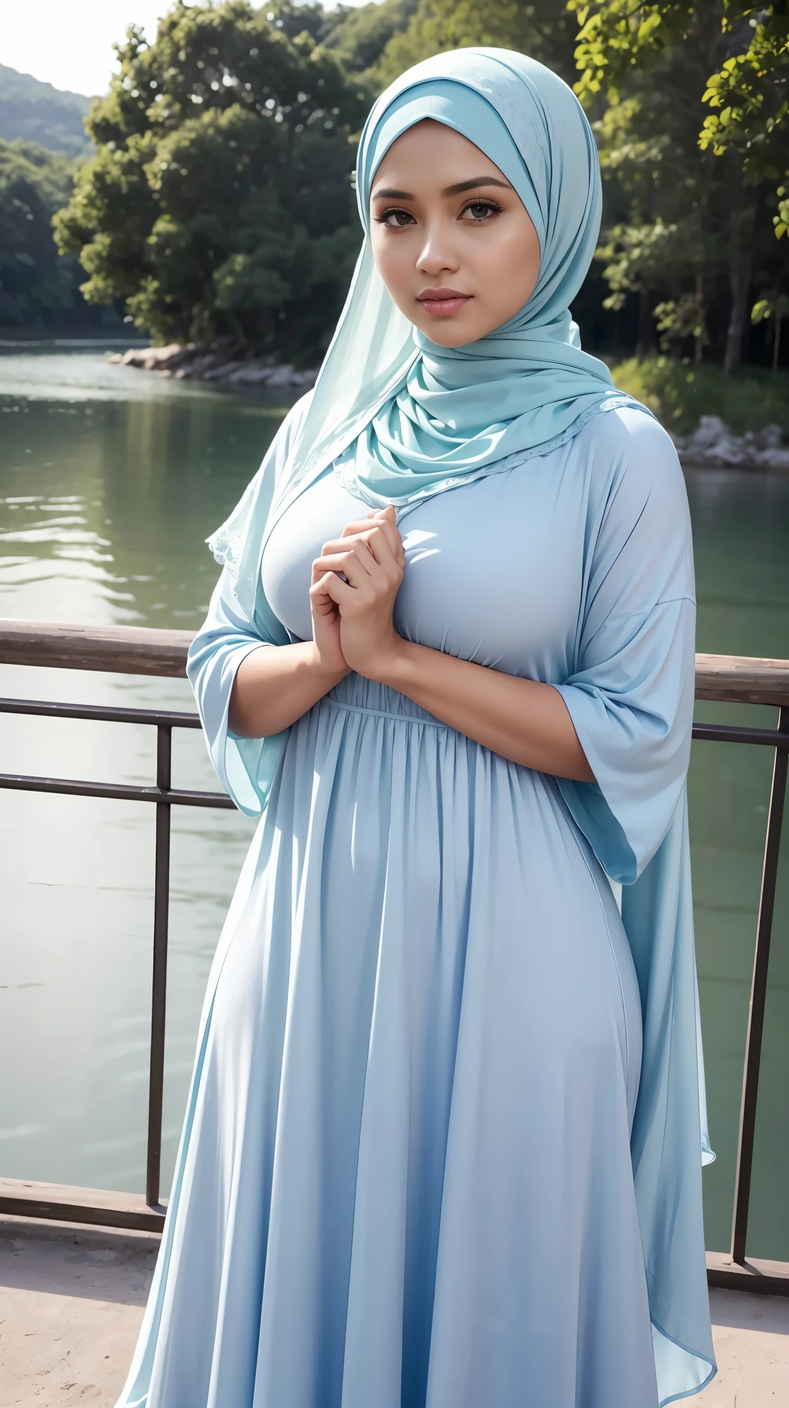 RAW, (Best quality, high resolution, work: 1.3), Beautiful Malay woman in hijab, fit body, Big breasts, Beautiful big eyes, Soft smile, beautiful face, slightly open mouth, thick thighs, beautiful girl, beautiful breasts, detail face, woman in a purple dress standing on a bridge, light grey blue and golden, icey blue dress, background is heavenly, wearing beautiful clothes, beautiful in cute pastel shades, pastel blue, beautiful masterpiece, beautiful woman. perfect lighting, perfect HD