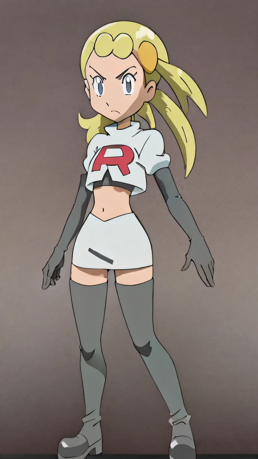 masterpiece, best quality, highres,team rocket uniform, red letter r, white skirt, white crop top, black thigh-high boots, black elbow gloves, glaring angrily, looking at viewer, hands on hips, full body seen, zettai ryouiki