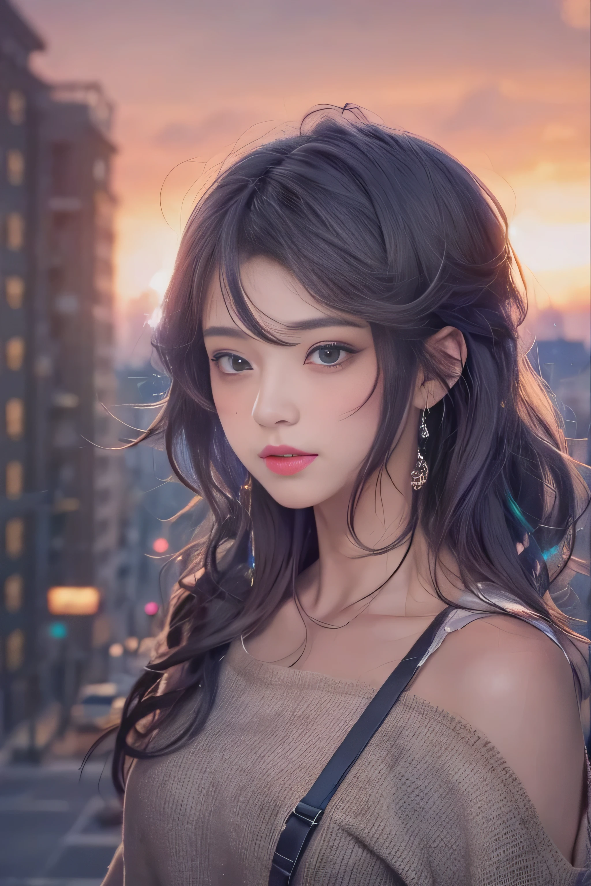 (On one screen:2)、(upper body shot:1.1)、highest quality、High resolution、Super detailed、masterpiece、(Live shooting:2)、(genuine:1.5)、(photogenuineistic:1.5)、very delicate and beautiful、small details、1 female、(alone)、Early 20s、(super beautiful)、(beautiful face:1.5)、(detailed face:1.5)、(fine eyes)、(detailed lips)、(detailed nose)、Central Freeway、Heading from the city center to the mountains、(Twilight dyes and unfolds the windshield)、(City lights begin to flicker:1.1)、that'It seems like the two of us have become meteors.、This road is a runway that leads to the night sky、Even if I say I love you, The wind is so strong、'inaudible