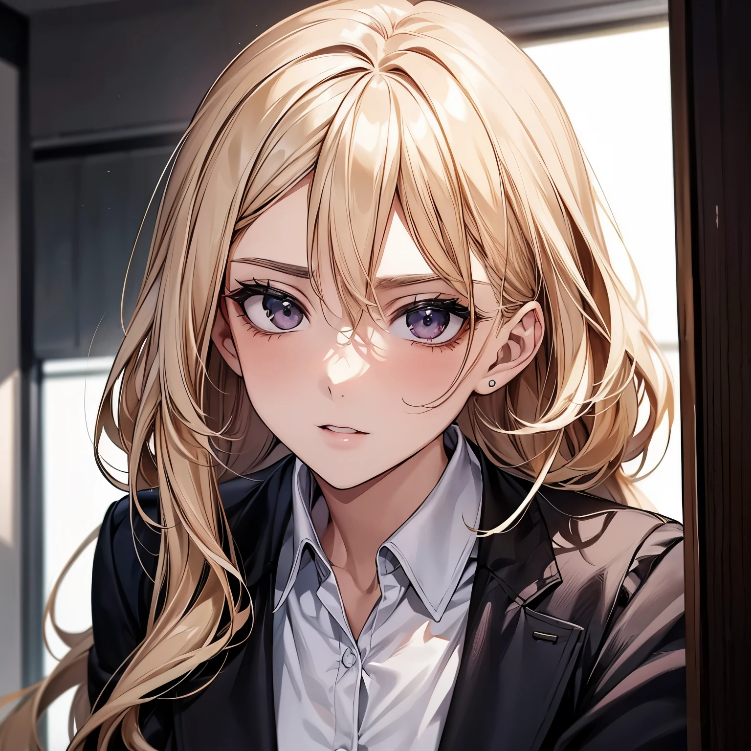 A pretty beautiful lady, middle woman, black eyes and blonde hair, long hair, "White buttoned shirt", "Black blazer", "Stockings",, looking at you in seductively, looking at you in flirtly, looking at you in seductively,looking at you in flirtly,looking at you in seductively a human, modern era, daylight, the backround to school hallway, head portrait, face focus, tilting her face, head portrait, face focus,head portrait, face focus, head portrait, face focus, head portrait, face focus, tilting her face,tilting her face,tilting her face,tilting her face