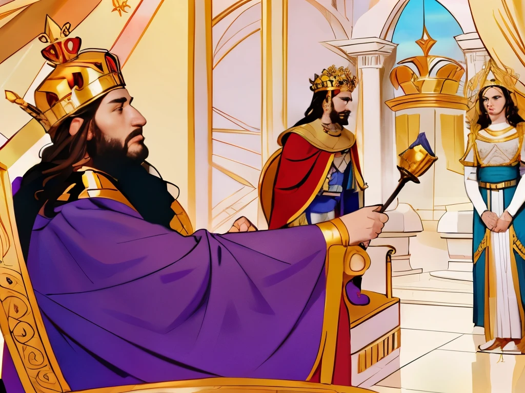 There is a king sitting on his throne with a crown on his head and a scepter in his hand. There's a woman standing. biblical costumes. biblical style. biblical setting.