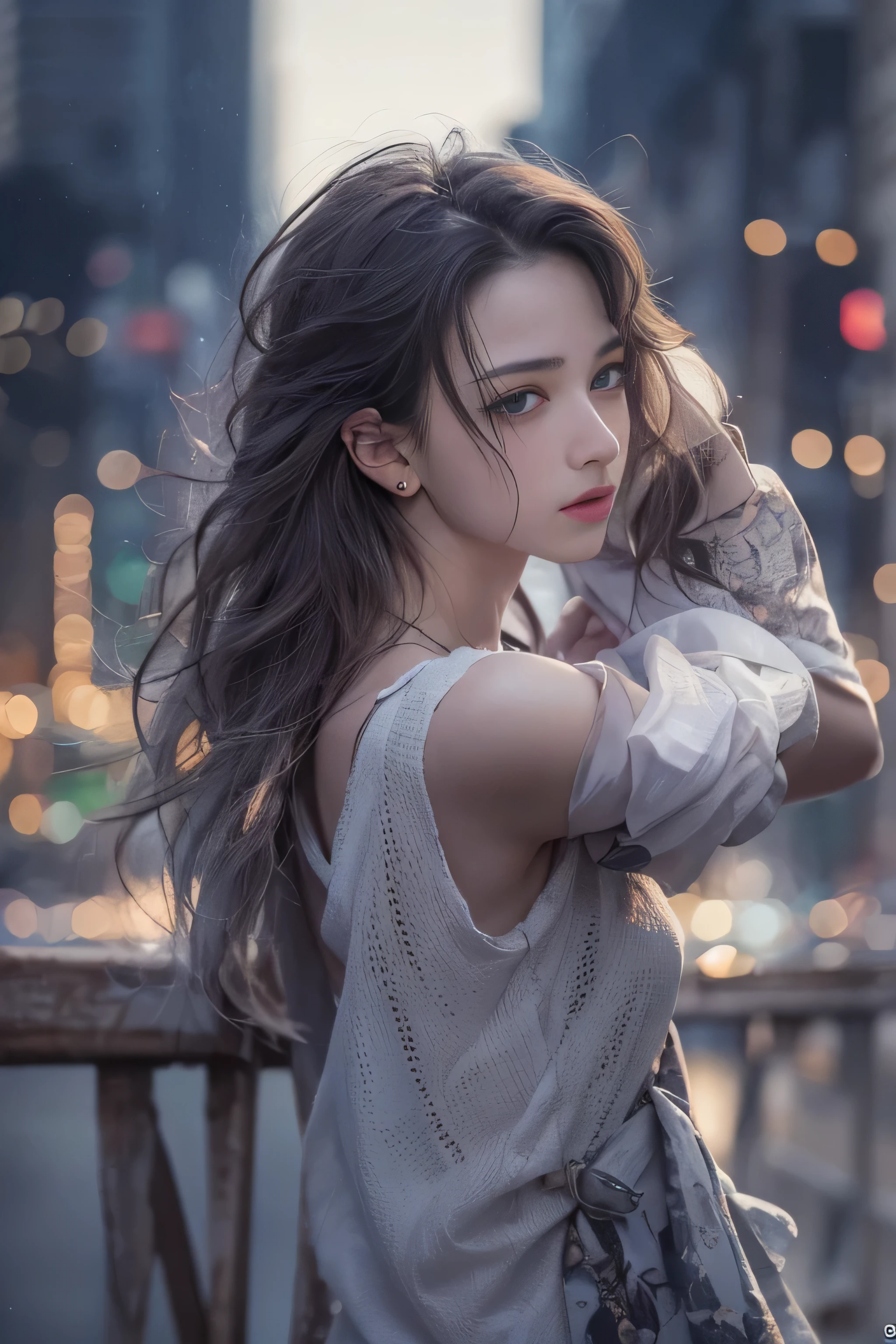 (On one screen:2)、(upper body shot:1.1)、highest quality、High resolution、Super detailed、masterpiece、(Live shooting:2)、(genuine:1.5)、(photogenuineistic:1.5)、very delicate and beautiful、small details、1 female、(alone)、Early 20s、(super beautiful)、(beautiful face:1.5)、(detailed face:1.5)、(fine eyes)、(detailed lips)、(detailed nose)、Central Freeway、Heading from the city center to the mountains、(Twilight dyes and unfolds the windshield)、(City lights begin to flicker:1.1)、that'It seems like the two of us have become meteors.、This road is a runway that leads to the night sky、Even if I say I love you, The wind is so strong、'inaudible