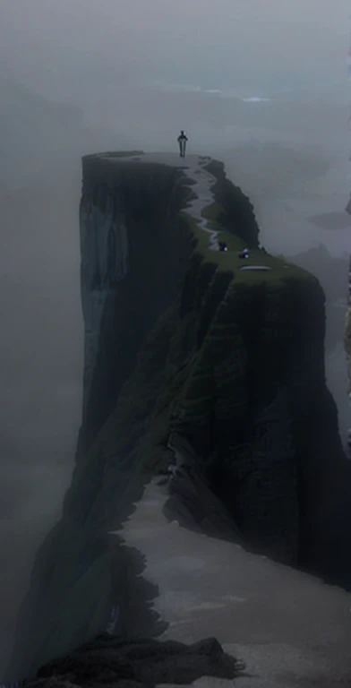 arafed cliff with a person standing on top of it, cliff edge, with jagged rocks and eerie, with fog, thin fog, in the bottom there a lot of fog, thick mist, looking down a cliff, misty ominous atmosphere, the edge of the world, under a gray foggy sky, cliff side, mist rising from head, foggy photo 8 k