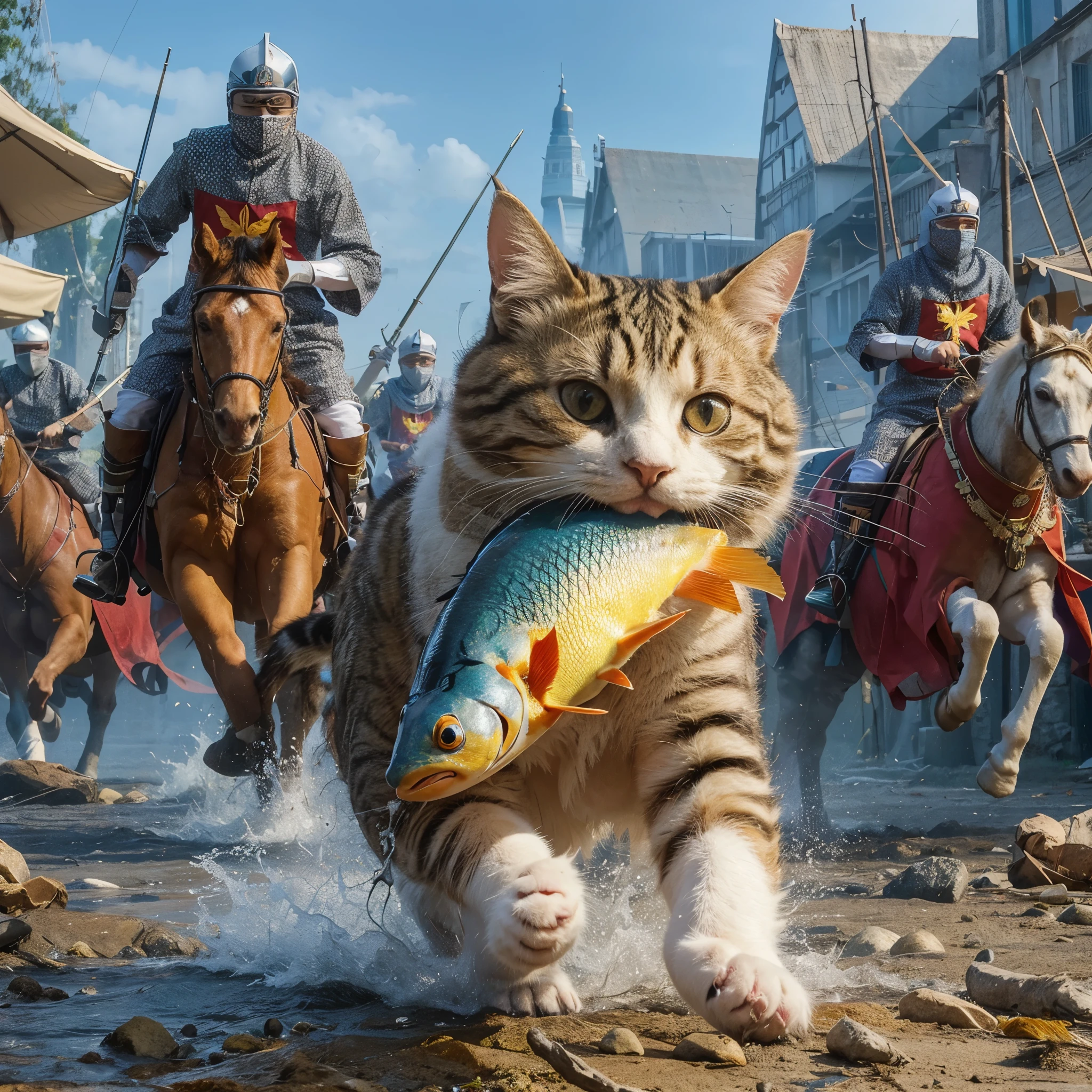 Seekor kucing berlari panik karena mencuri ikan dikejar kesatria kerajaan