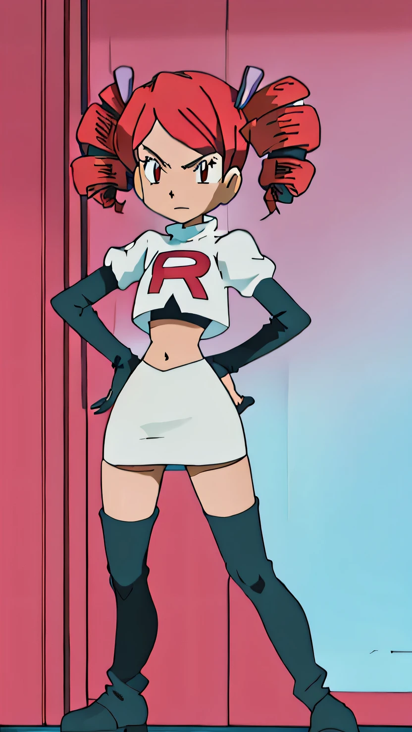 masterpiece, best quality, highres,team rocket uniform, red letter r, white skirt, white crop top, black thigh-high boots, black elbow gloves, glaring angrily, looking at viewer, hands on hips, full body seen, zettai ryouiki