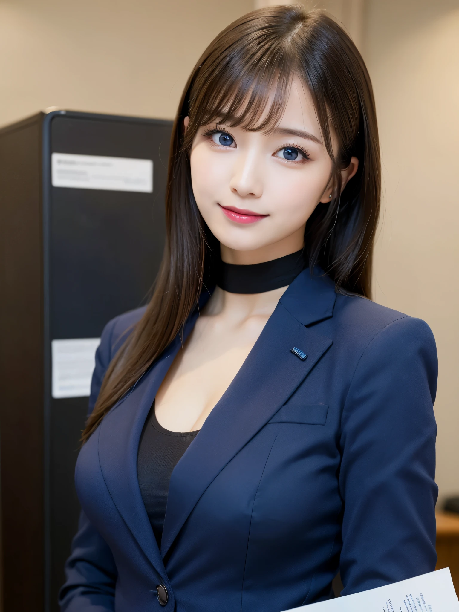 table top, highest quality, super detailed, finely, High resolution, 8k wallpaper, perfect dynamic composition, beautiful and fine eyes,  natural lip,blazer , Dark blue business suit , big breasts, whole body, blue eyes , black choker , parlor , natural makeup, Beauty secretary , smile, japanese woman  , bangs , holding a stack of documents