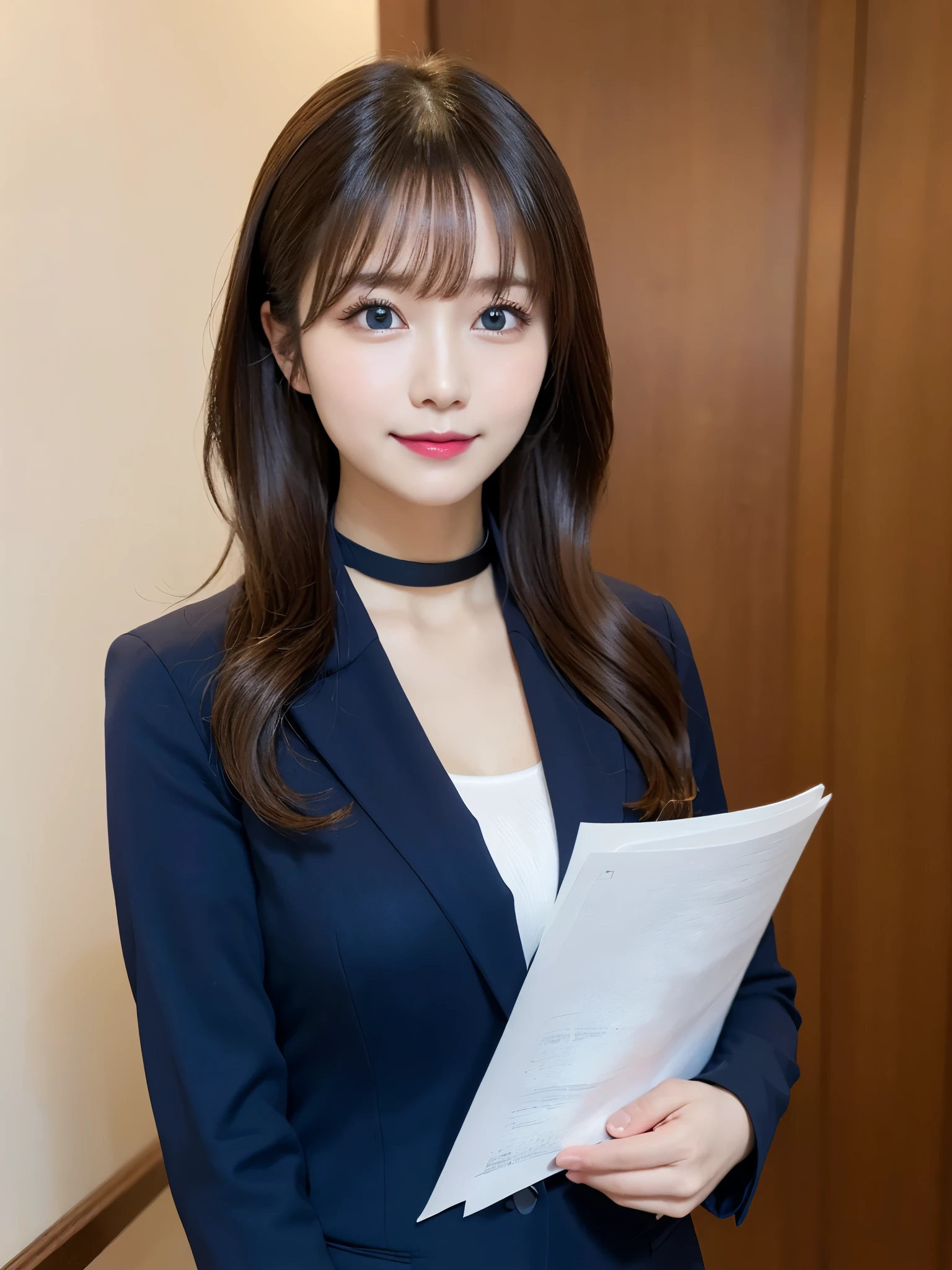 table top, highest quality, super detailed, finely, High resolution, 8k wallpaper, perfect dynamic composition, beautiful and fine eyes,  natural lip,blazer , Dark blue business suit , big breasts, whole body, blue eyes , black choker , parlor , natural makeup, Beauty secretary , smile, japanese woman  , bangs , holding a stack of documents