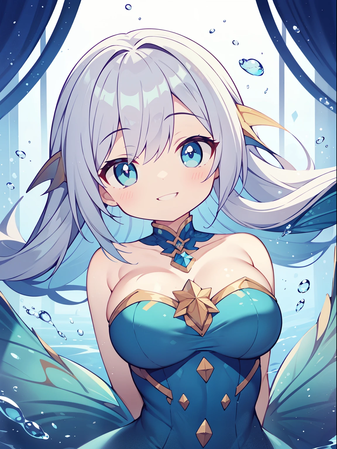 (mermaid girl:1.2), (1 person:1.2),( girl)、young girl、big breasts、 nffsw、shader、highly detailed eyes、long straight hair、silver hair、underilky hair、ultra-intricate pupil in eyes、highest quality、bright colors、Bust 100、mermaid figure(upper body naked、The lower body is a fish body、Beautiful scales)、Standing picture of the game、turn one&#39;s body sideways、View from the side、Stirring composition、Composition looking up from below、Lift your with your hands、Pose that emphasizes the chest、fold your arms、grinning expression、eyes half closed、open your mouth、evil face、Bullish smile、fold your hands behind your back、Hide your hands、evil smile、whole body、beautiful、in water、seabed