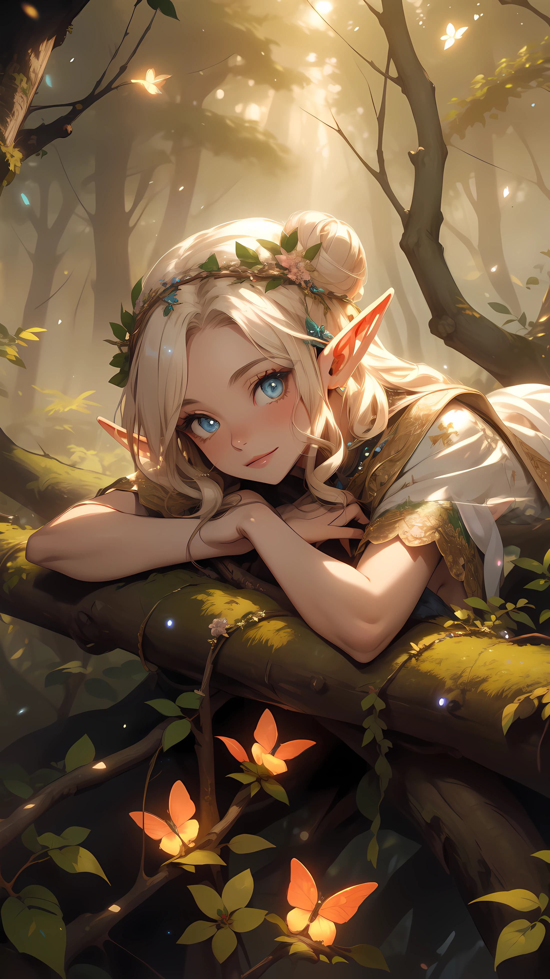 ((masterpiece)), (top quality), (best quality), ((ultra-detailed, 8k quality)), Cinematic lighting, Volumetric lighting, (detailed line art), absurdres, (best composition), (high-resolution), Aesthetics,
BREAK,
Elf girl ((lying on back a tree branch:1.3)),dressed in white robes, Velvet, Mecha, lace, brocade, pearls, intricate elven attire,  (adult:1.2), Fantasy,  (glowing flowers:1.2), (firefly glow:1.25), (bioluminescent trees), (mystical forest), (focused depth of field:1.2), (enchanting forest:1.15), [cinematic dramatic atmosphere],[atmospheric perspective], Niji style,
BREAK,
highly detailed of ((elf:1.4)), (1girl), solo, perfect face, details eye, hair Bun, (hime cut, bangs:1.2), (white shining hair:1.2), blue eyes, shining eyes, (beautiful detailed eyelashes, eyeshadow, pink eyeshadow),  smiling, Concept art by Mikimoto Haruhiko, by Kawacy, By Yoshitaka Amano,
BREAK, 
((perfect anatomy)), perfect body, Abs, (medium breast), perfect hands, perfect face, beautiful face, beautiful eyes, perfect eyes, (perfect fingers, deatailed fingers), correct anatomy, perfect legs, 