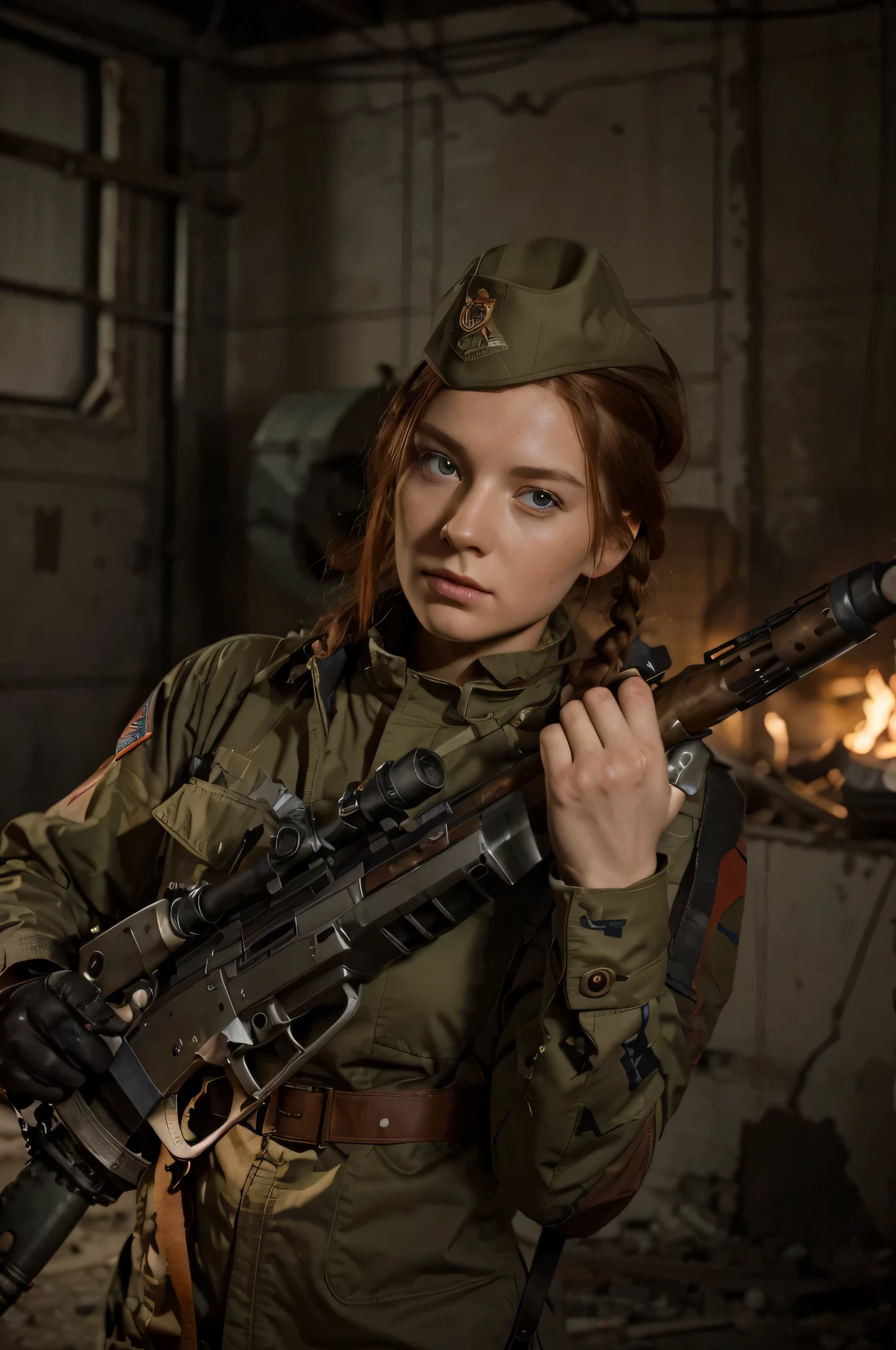 mujer soldado, cara rusa, ojos azul claro, pelo rojo natural trenzado, Soviet style military cap, pale skin, has a robotic hand, tiene sensores de control mental en su cabeza de los cuales salen tubos de goma negros de su cabeza, Light brown fabric with red details. Soviet style military uniform., dark brown camouflage cape, brown leather gloves, sostiene un rifle de francotirador, It's in a destroyed building., 4k, ultra detallado image, Realista, muy detallado, perfect composition, gorgeous, Intrincadamente detallado, incredibly detailed, 8 k artistic photography, hiper detallado, obra maestra, ultra detallado, hyper Realista, 4k, ultra detallado image, Realista, muy detallado, perfect composition, gorgeous, Intrincadamente detallado, incredibly detailed, 8 k artistic photography, hiper detallado, obra maestra