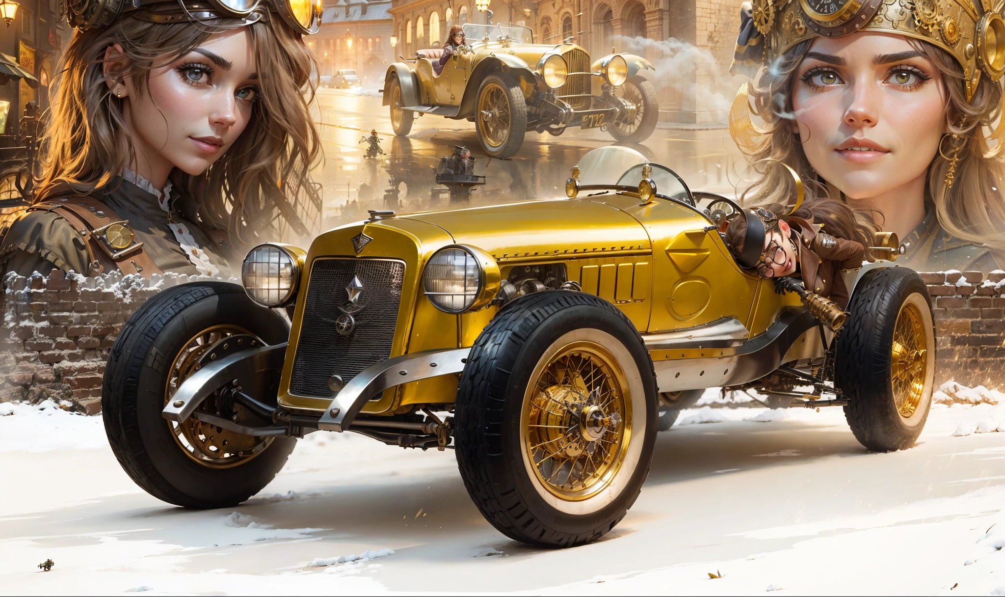 Um carro de corrida steampunk vintage, com detalhes em golden e madeira polida, boasts an imposing spoiler and wheels adorned with gears. The vehicle is parked in a prominent position, ocupando o centro da cena.
Duas pilotos femininas, vestidas com elegantes roupas de corrida steampunk, display helmets and aviator glasses. Uma delas, com um sorriso confiante, adjusts her glasses while the other checks the tire pressure with a determined smile.
Um majestoso carro vintage Zagatto, adorned with golden details and lit headlights racing through the wet streets of a steampunk city, Creating an epic atmosphere.
Ao lado do Zeppelin, uma bela pilota steampunk, with flowing robes and protective glasses, posa em frente ao seu carro steampunk, um modelo veloz com design futurista e detalhes em cobre.
lighting: The scene is bathed in soft, golden light., criando um clima de aventura e otimismo.
emotions: Pilots express confidence, determination and enthusiasm, conveying the feeling that they are ready to conquer the world.
Estilo: The steampunk aesthetic is predominant, com elementos como engrenagens, couro, metal polido e vapor.
A imagem captura um momento de pausa antes de uma grande corrida. The two pilots in the foreground prepare for the competition, while the pilot in the background watches with admiration and expectation. 
Create a vibrant and inspiring image that captures the essence of steampunk adventure, focusing on strong female characters and fast, innovative vehicles.