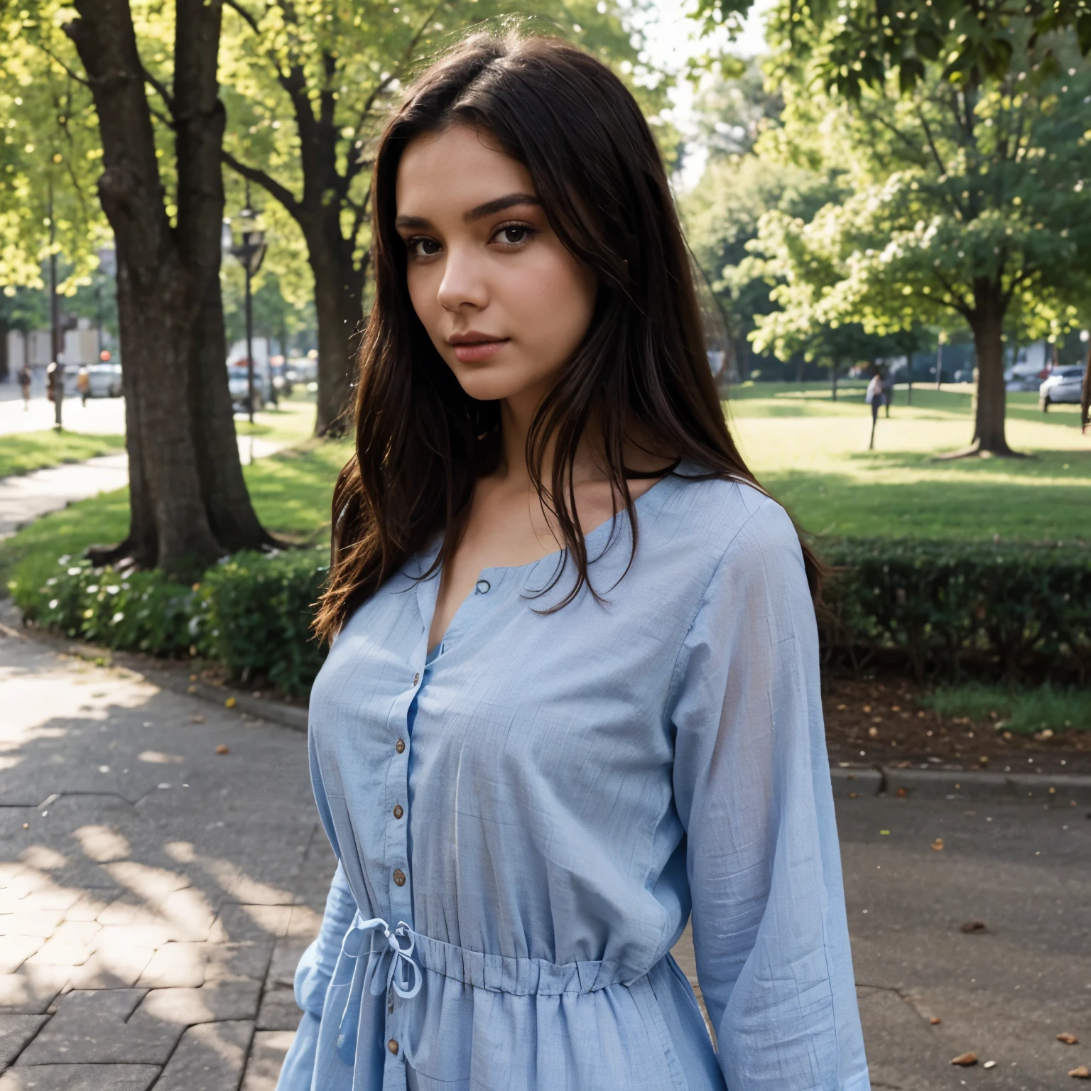 The most beautiful brunette in the world, men instantly fall in love with her, She is 25 years old, in a beautiful loose dress, walking in the park