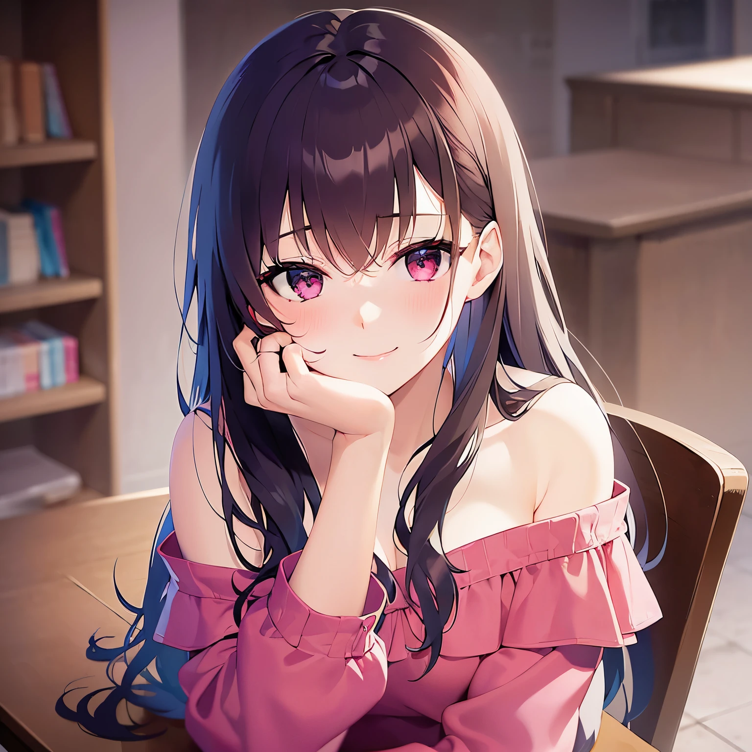 shooting from above, cinematic angle, looking up, (Placing hand on face:1.2), real person, RAW photo, photorealistic, portrait photography, shiny skin, japanese idol、A 25-year-old woman with bright chestnut bangs.、(long wavy hair) and (pink eyes), (wearing a pink off-shoulder blouse:1.2), (smile:1.3), (nose blush:1.1), The background is the dining room、Alone