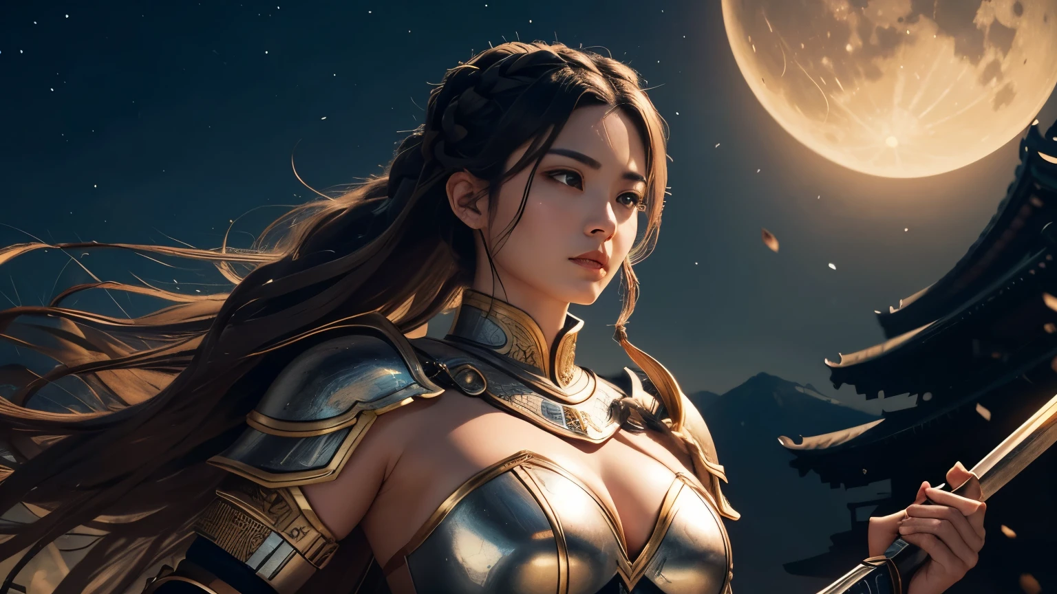 Crie imagem realista de uma mulher, guerreira japonesa da mitologia grega, vestida em uma armadura de cor dourada. Ela deve ser retratada como uma figura musculosa, with braided hair, enquanto adiciona um suave brilho do sol na imagem. Be sure to emphasize the beauty and strength of the goddess with the lunar image background. without including elements that violate content policies