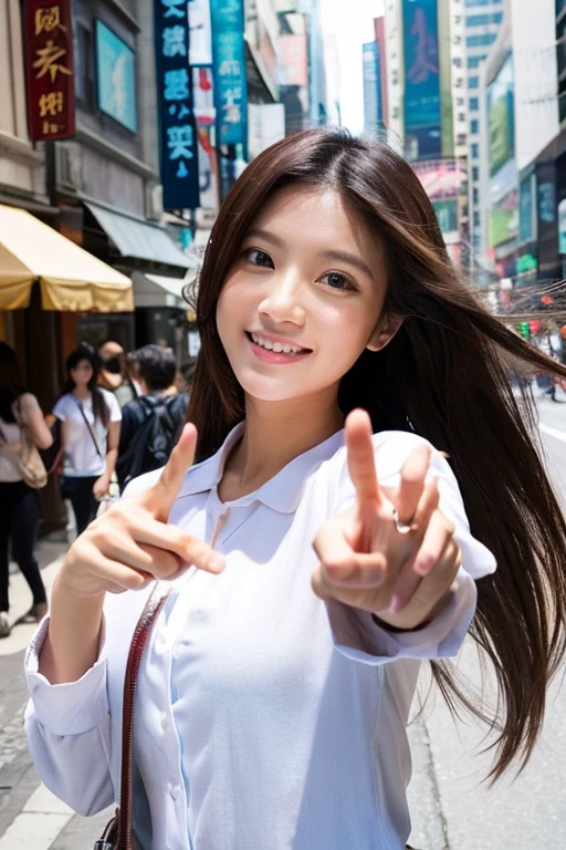 Add Asian long-haired women to these images、The woman is pointing upwards with her index finger.