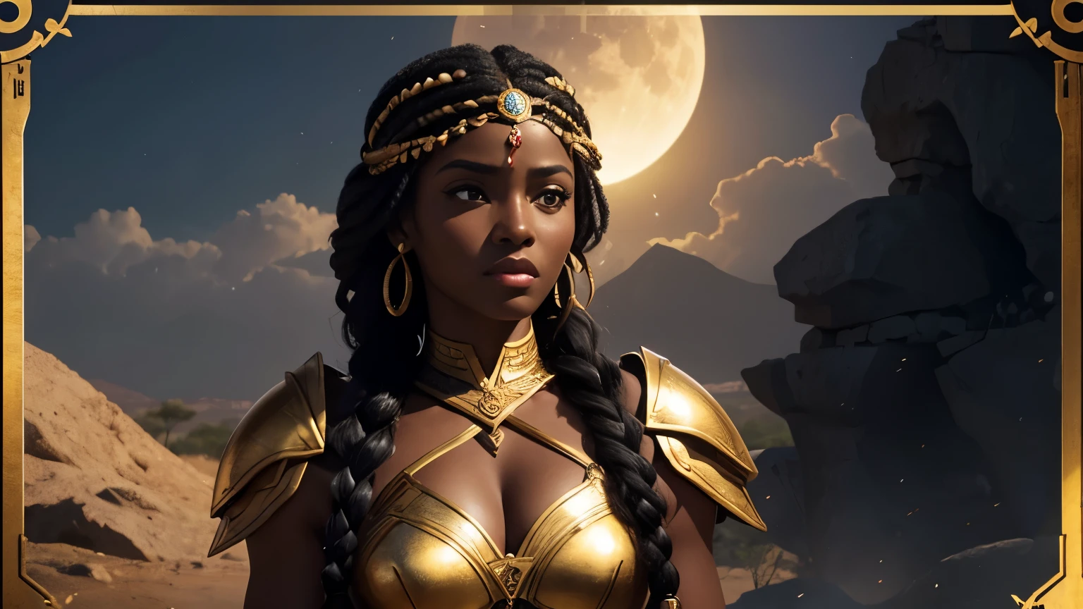 Crie imagem realista de uma mulher, guerreira negra africana da mitologia grega, vestida em uma armadura de cor dourada. Ela deve ser retratada como uma figura musculosa, with braided hair, enquanto adiciona um suave brilho do sol na imagem. Be sure to emphasize the beauty and strength of the goddess with the lunar image background. without including elements that violate content policies
