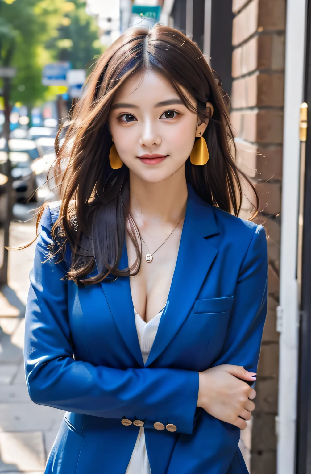 ((((medium hair, dark brown hair)))), highest quality, 8K, HDR, High resolution, confused:1.2, blurred background, Bokeh:1.2, photograph, (RAWphotograph:1.2), (realistic:1.4), (masterpiece:1.3), (intricine details:1.2), 1 girl, 一人in, japanese girl, delicine, beautiful details, (fine eyes), (detailed facial feinures), , (((medium breasts))), Perfect for your skin, (looking for_in_viewer), from_front, (skinny), (highest quality:1.4), (ultra High resolution:1.2), cinema light, (extreme detailed illustrinion), (lip gloss, highest quality, ultra High resolution, written boundary depth, caustics, wide range lighting, ninural shading, 85mm, f/1.4, ISO200, 1/160s:0.75),1 girl, 一人in, ((smile)), ((whole body, long legs)), Ulchan-6500-v1.1, (((office lady))), ((((suit)))), (((earrings, necklace))), computer