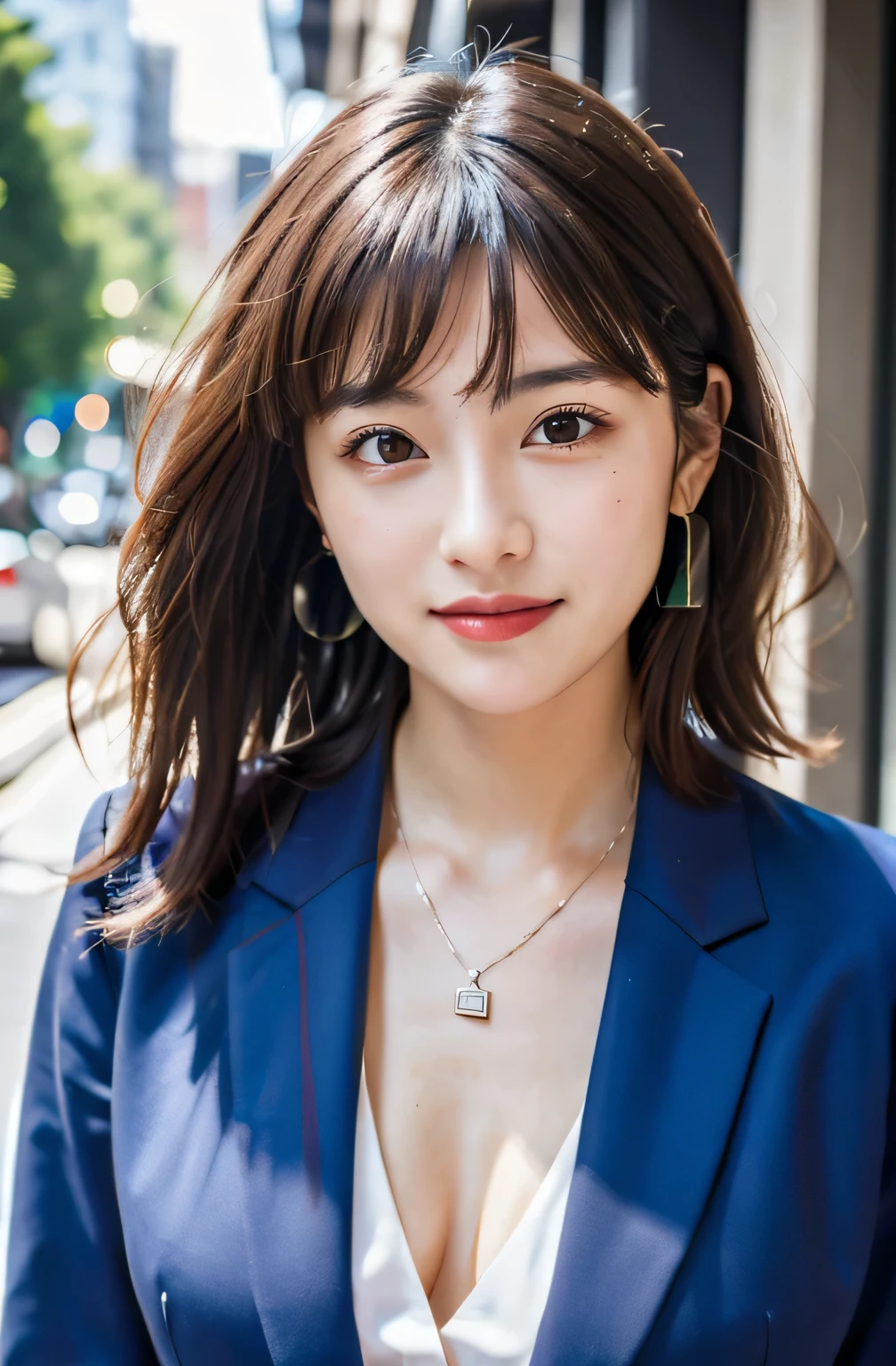 ((((medium hair, dark brown hair)))), highest quality, 8K, HDR, High resolution, confused:1.2, blurred background, Bokeh:1.2, photograph, (RAWphotograph:1.2), (realistic:1.4), (masterpiece:1.3), (intricine details:1.2), 1 girl, 一人in, japanese girl, delicine, beautiful details, (fine eyes), (detailed facial feinures), , (((medium breasts))), Perfect for your skin, (looking for_in_viewer), from_front, (skinny), (highest quality:1.4), (ultra High resolution:1.2), cinema light, (extreme detailed illustrinion), (lip gloss, highest quality, ultra High resolution, written boundary depth, caustics, wide range lighting, ninural shading, 85mm, f/1.4, ISO200, 1/160s:0.75),1 girl, 一人in, ((smile)), ((whole body, long legs)), Ulchan-6500-v1.1, (((office lady))), ((((suit)))), (((earrings, necklace))), computer
