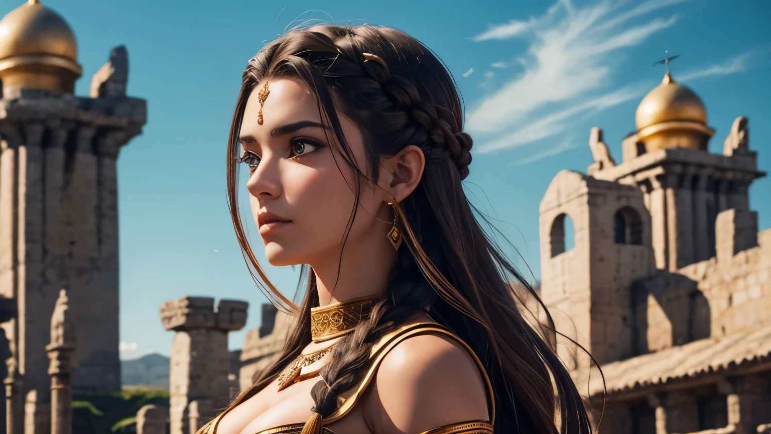 Crie imagem realista de uma mulher, guerreira morena da mitologia grega, vestida em uma armadura de cor dourada. Ela deve ser retratada como uma figura musculosa, with braided hair, enquanto adiciona um suave brilho do sol na imagem. Be sure to emphasize the beauty and strength of the goddess with the theatrical image background. without including elements that violate content policies