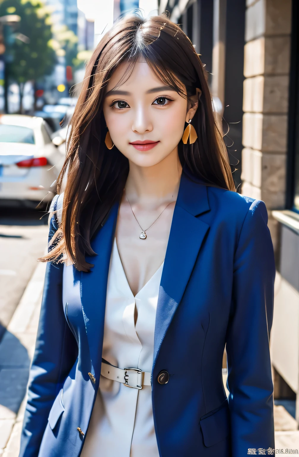 ((((medium hair, dark brown hair)))), highest quality, 8K, HDR, High resolution, confused:1.2, blurred background, Bokeh:1.2, photograph, (RAWphotograph:1.2), (realistic:1.4), (masterpiece:1.3), (intricine details:1.2), 1 girl, 一人in, japanese girl, delicine, beautiful details, (fine eyes), (detailed facial feinures), , (((medium breasts))), Perfect for your skin, (looking for_in_viewer), from_front, (skinny), (highest quality:1.4), (ultra High resolution:1.2), cinema light, (extreme detailed illustrinion), (lip gloss, highest quality, ultra High resolution, written boundary depth, caustics, wide range lighting, ninural shading, 85mm, f/1.4, ISO200, 1/160s:0.75),1 girl, 一人in, ((smile)), ((whole body, long legs)), Ulchan-6500-v1.1, (((office lady))), ((((suit)))), (((earrings, necklace))), computer