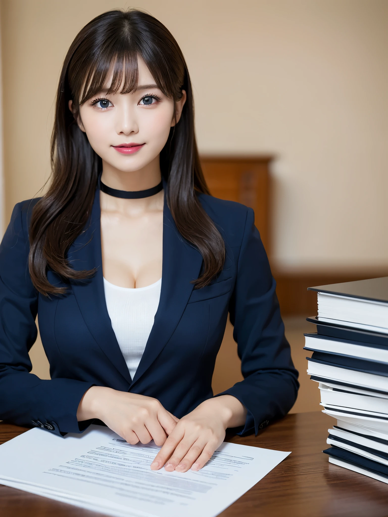 table top, highest quality, super detailed, finely, High resolution, 8k wallpaper, perfect dynamic composition, beautiful and fine eyes,  natural lip,blazer , Dark blue business suit , big breasts, whole body, blue eyes , black choker , parlor , natural makeup, Beauty secretary , smile, japanese woman  , bangs , holding a stack of documents